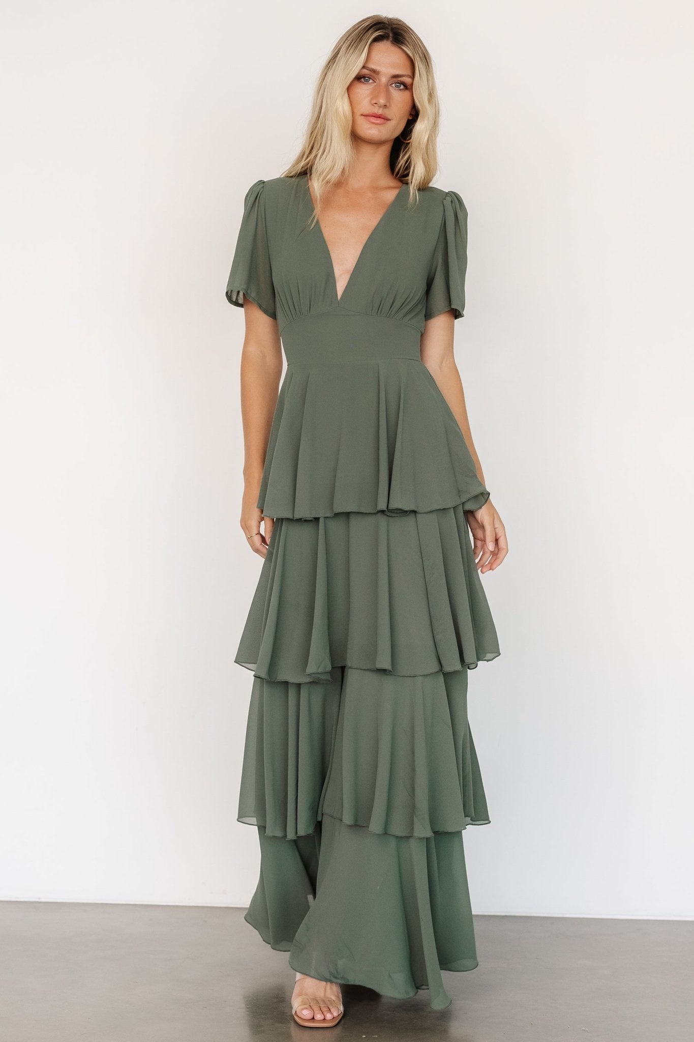 Dark Sage Montaigne Ruffle Maxi Dress for Women – V-Neck Chiffon