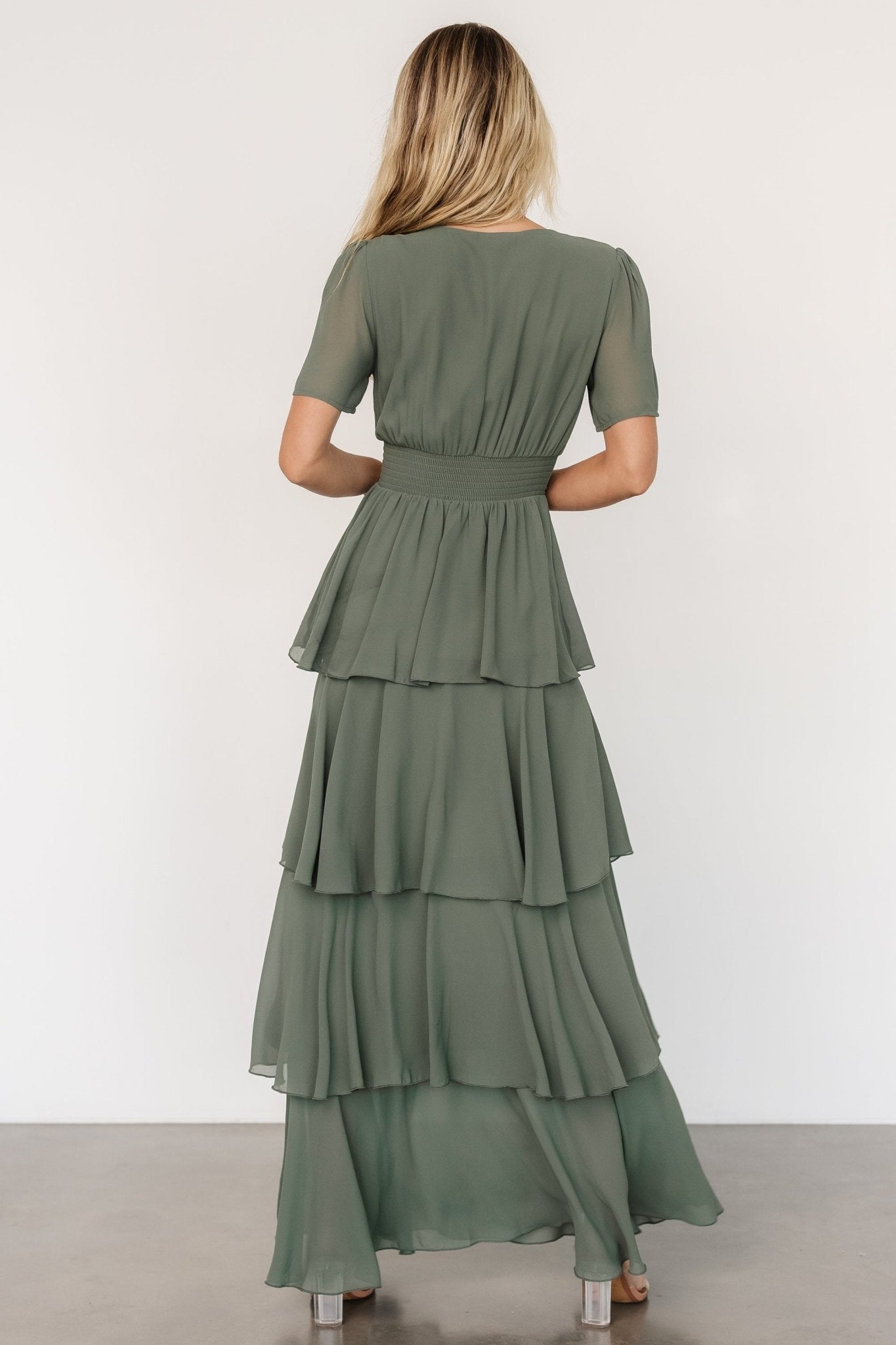 Dark Sage Montaigne Ruffle Maxi Dress for Women – V-Neck Chiffon