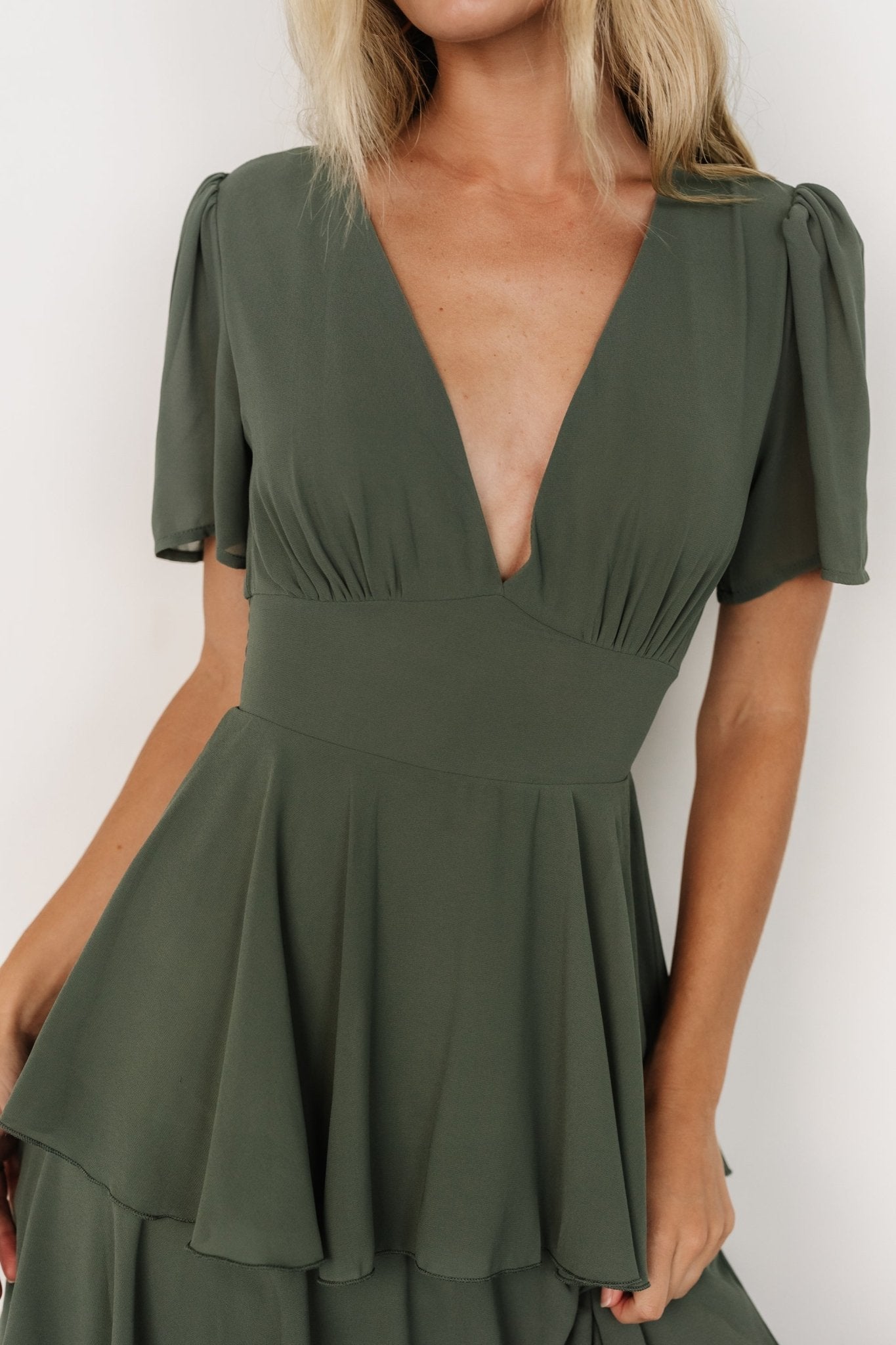 Dark Sage Montaigne Ruffle Maxi Dress for Women – V-Neck Chiffon