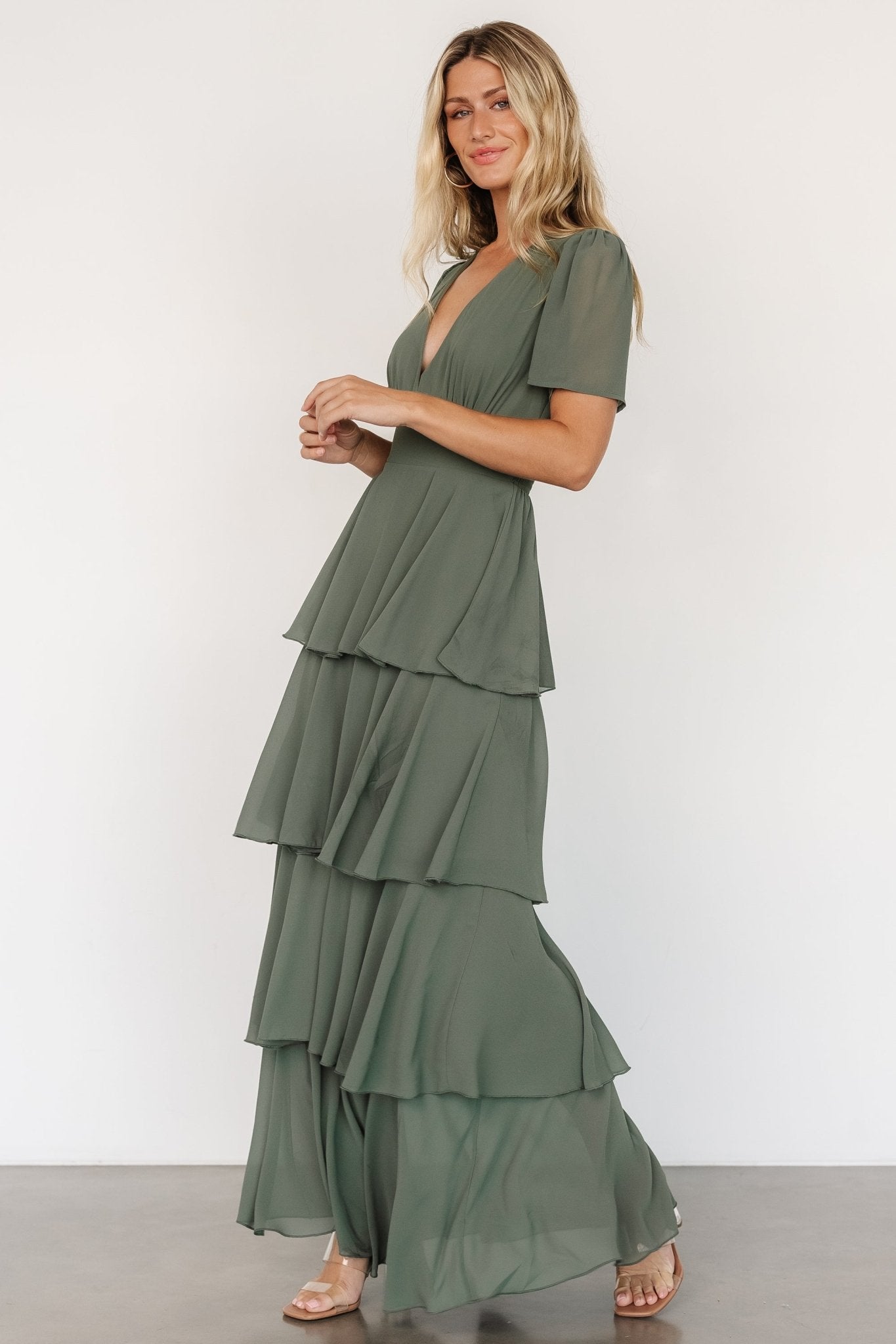 Dark Sage Montaigne Ruffle Maxi Dress for Women – V-Neck Chiffon