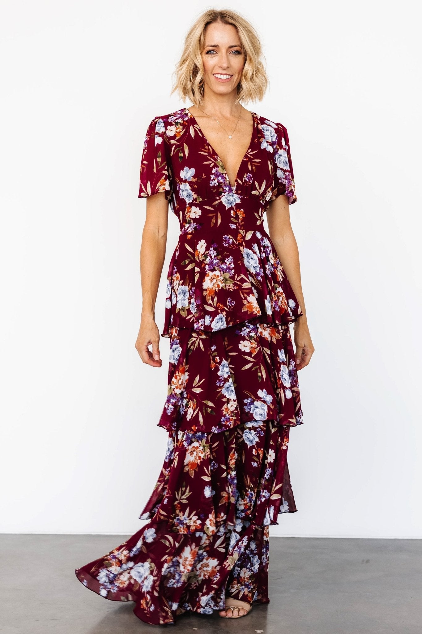 Mulberry Floral Maxi Dress with V-Neck & Ruffles – Baltic Born