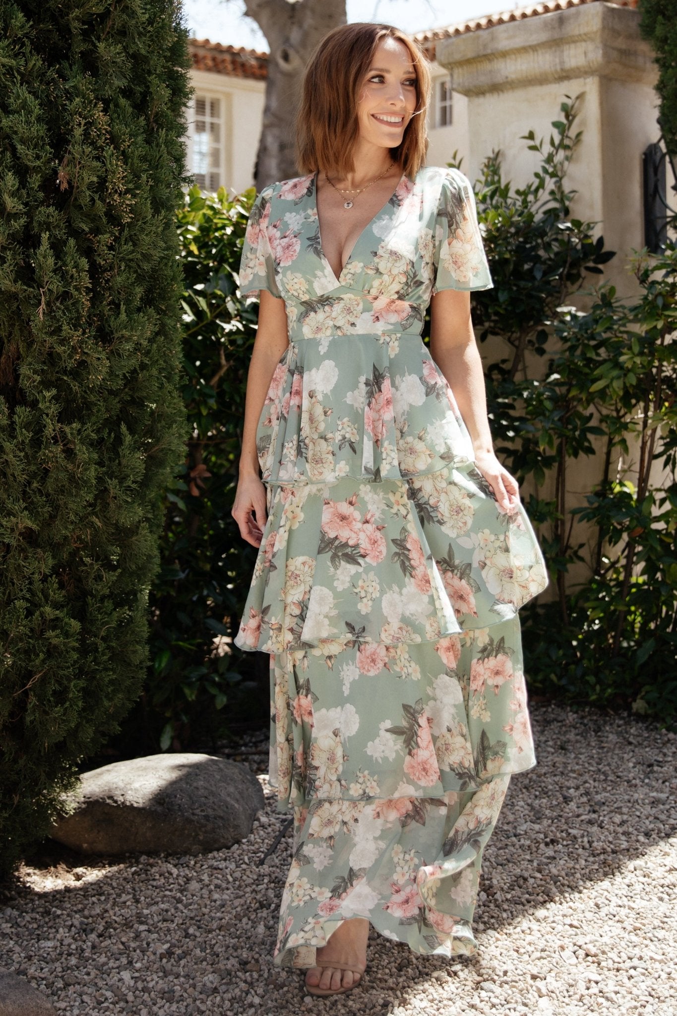 Baltic Born Sage Floral Maxi Dress with V-Neck & Ruffles