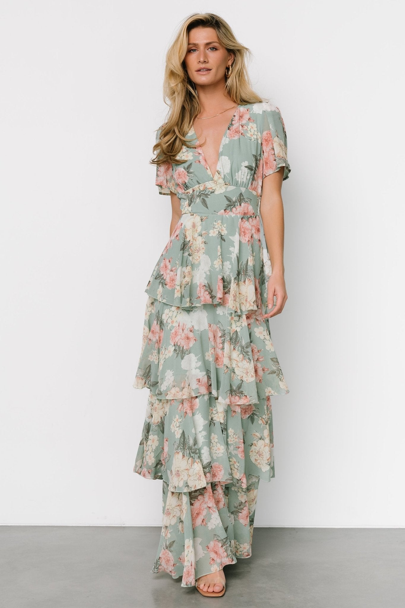 Baltic Born Sage Floral Maxi Dress with V-Neck & Ruffles