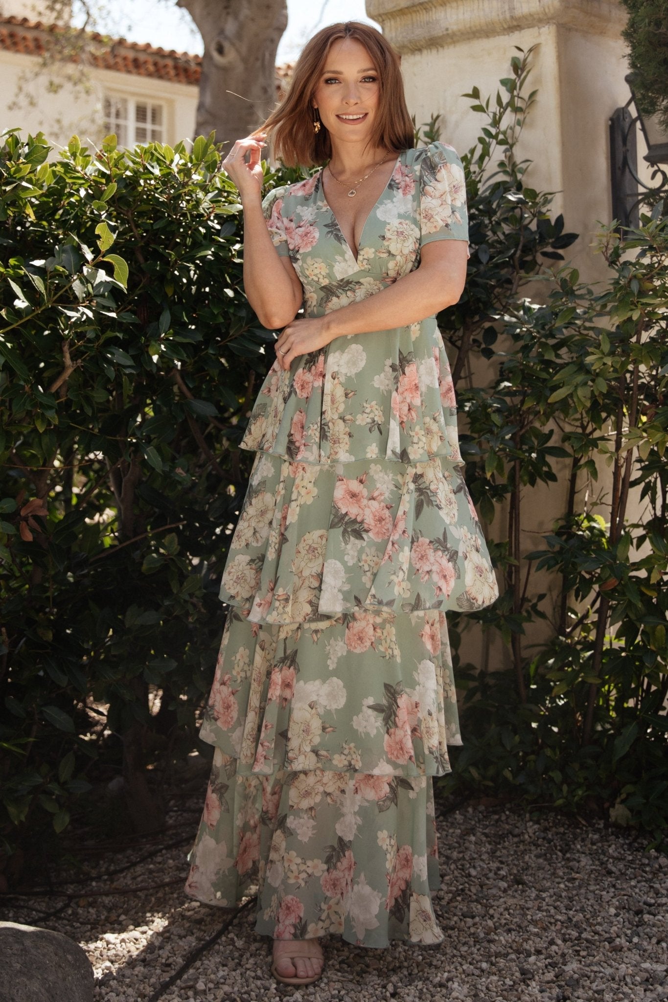 Baltic Born Sage Floral Maxi Dress with V-Neck & Ruffles