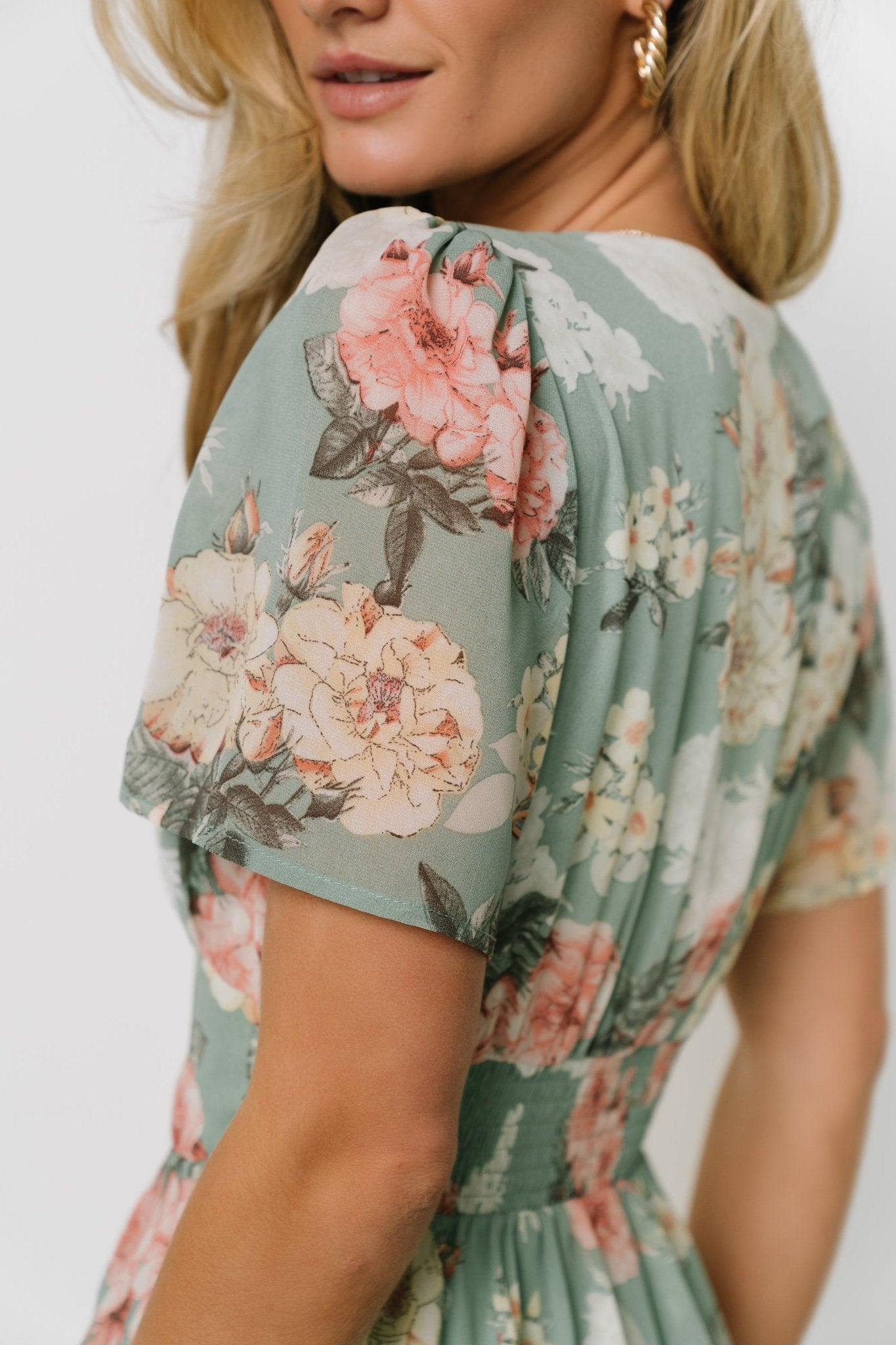 Baltic Born Sage Floral Maxi Dress with V-Neck & Ruffles