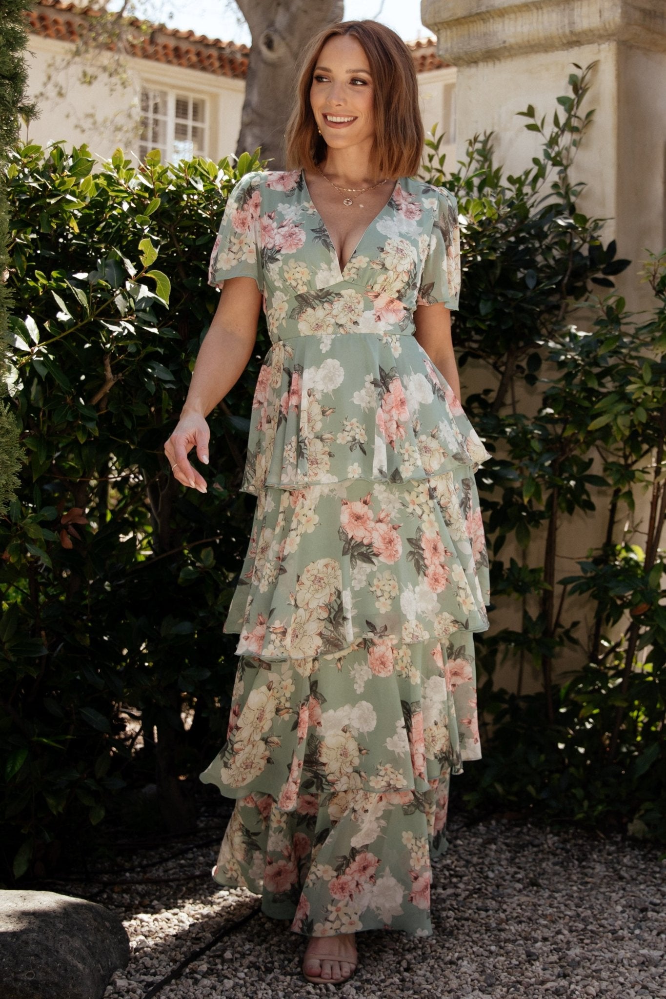 Baltic Born Sage Floral Maxi Dress with V-Neck & Ruffles