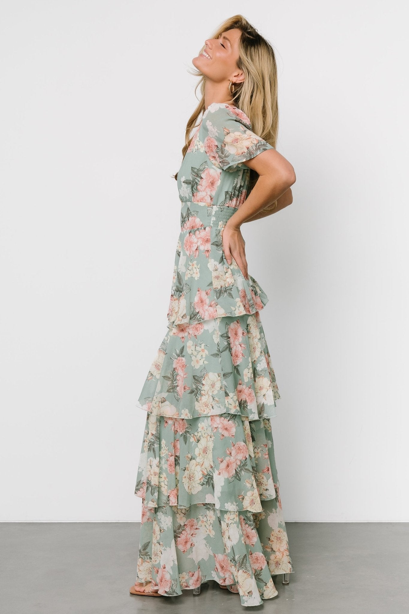 Baltic Born Sage Floral Maxi Dress with V-Neck & Ruffles