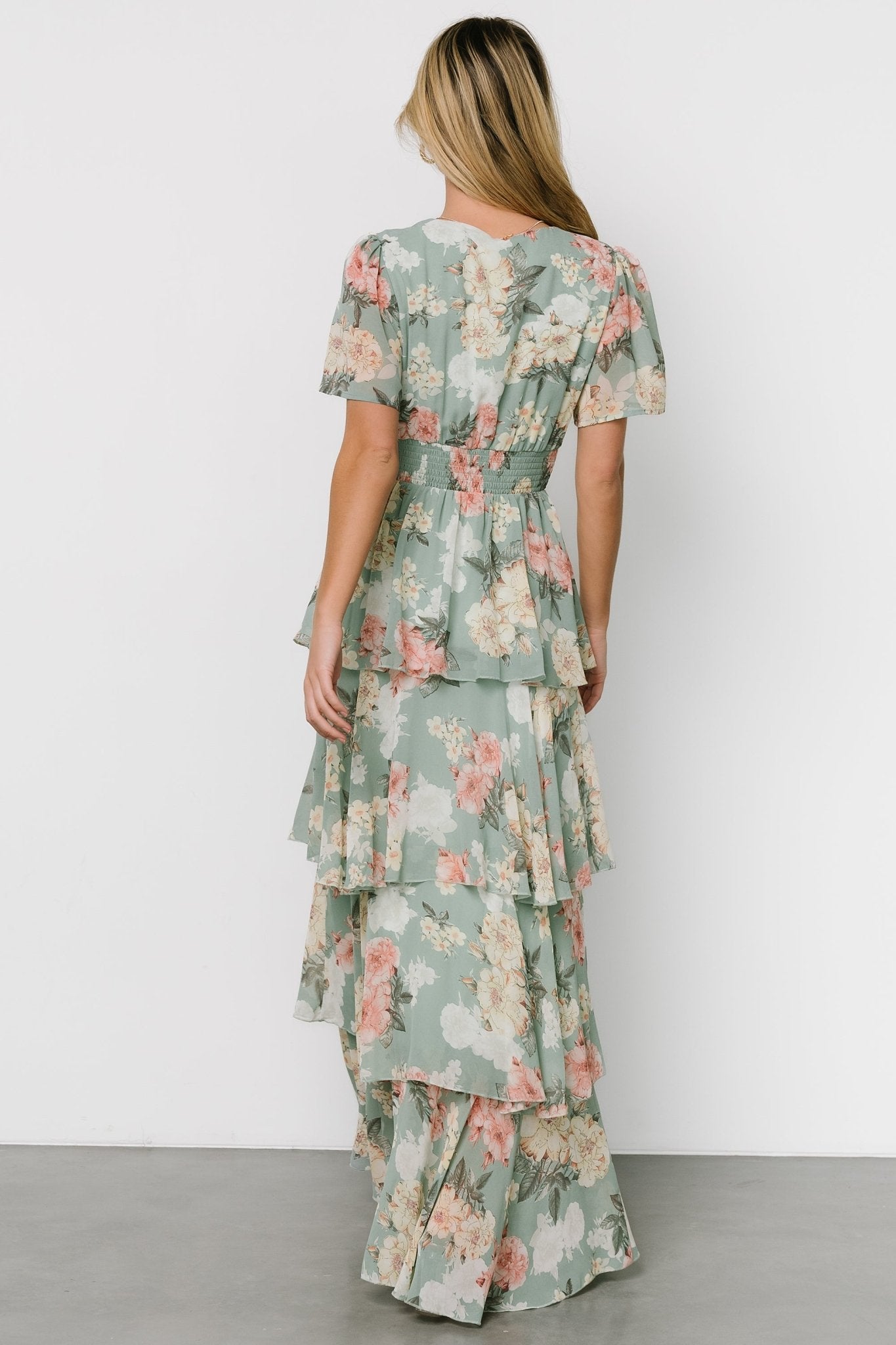 Baltic Born Sage Floral Maxi Dress with V-Neck & Ruffles
