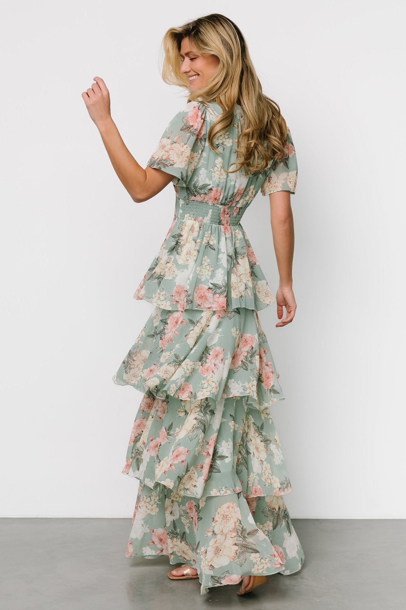 Baltic Born Sage Floral Maxi Dress with V-Neck & Ruffles