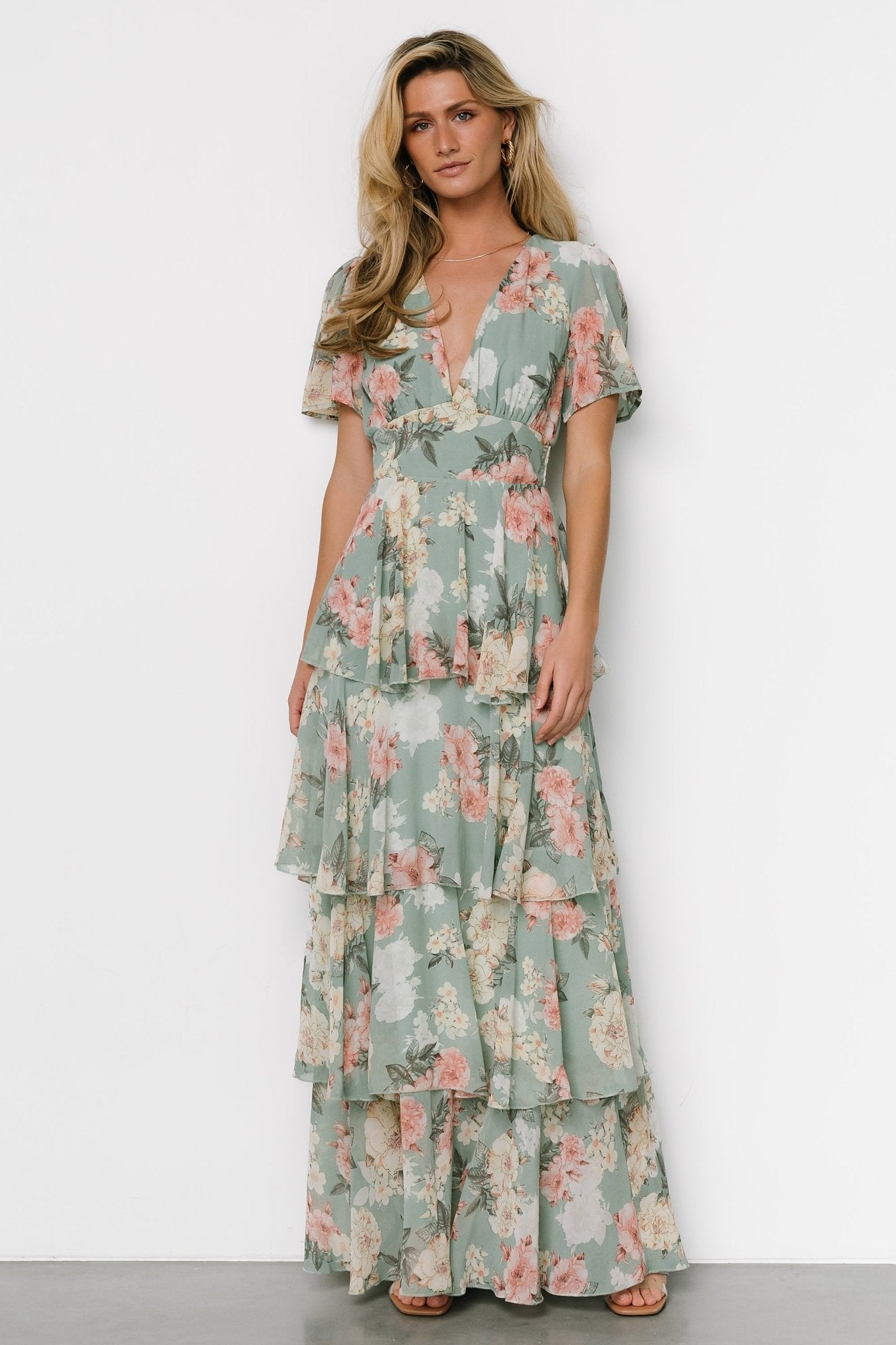 Baltic Born Sage Floral Maxi Dress with V-Neck & Ruffles