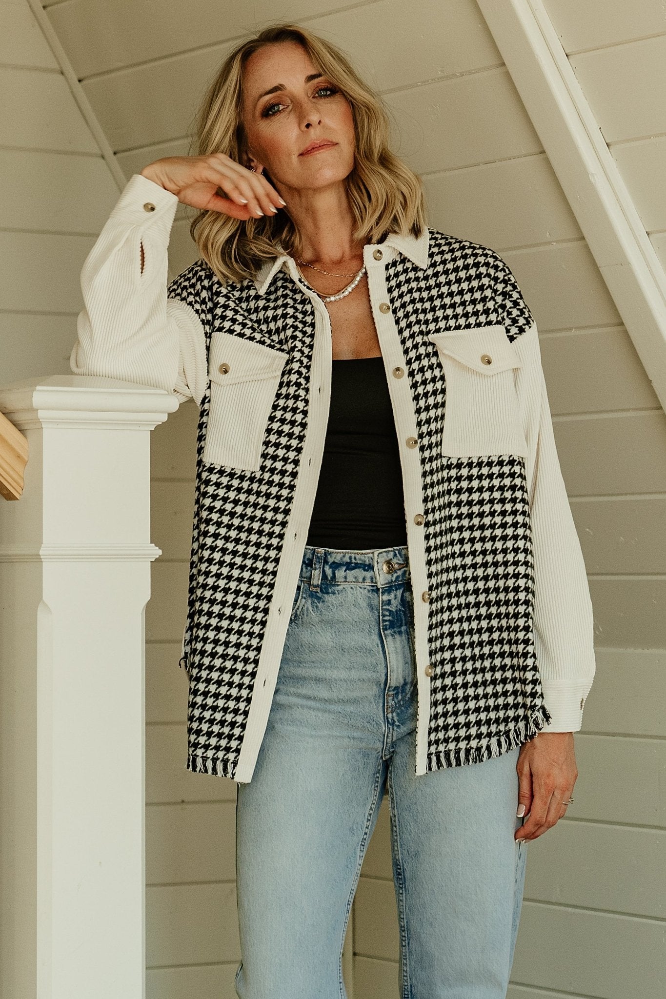 Women's Ivory Black Houndstooth Shacket with Corduroy Collar