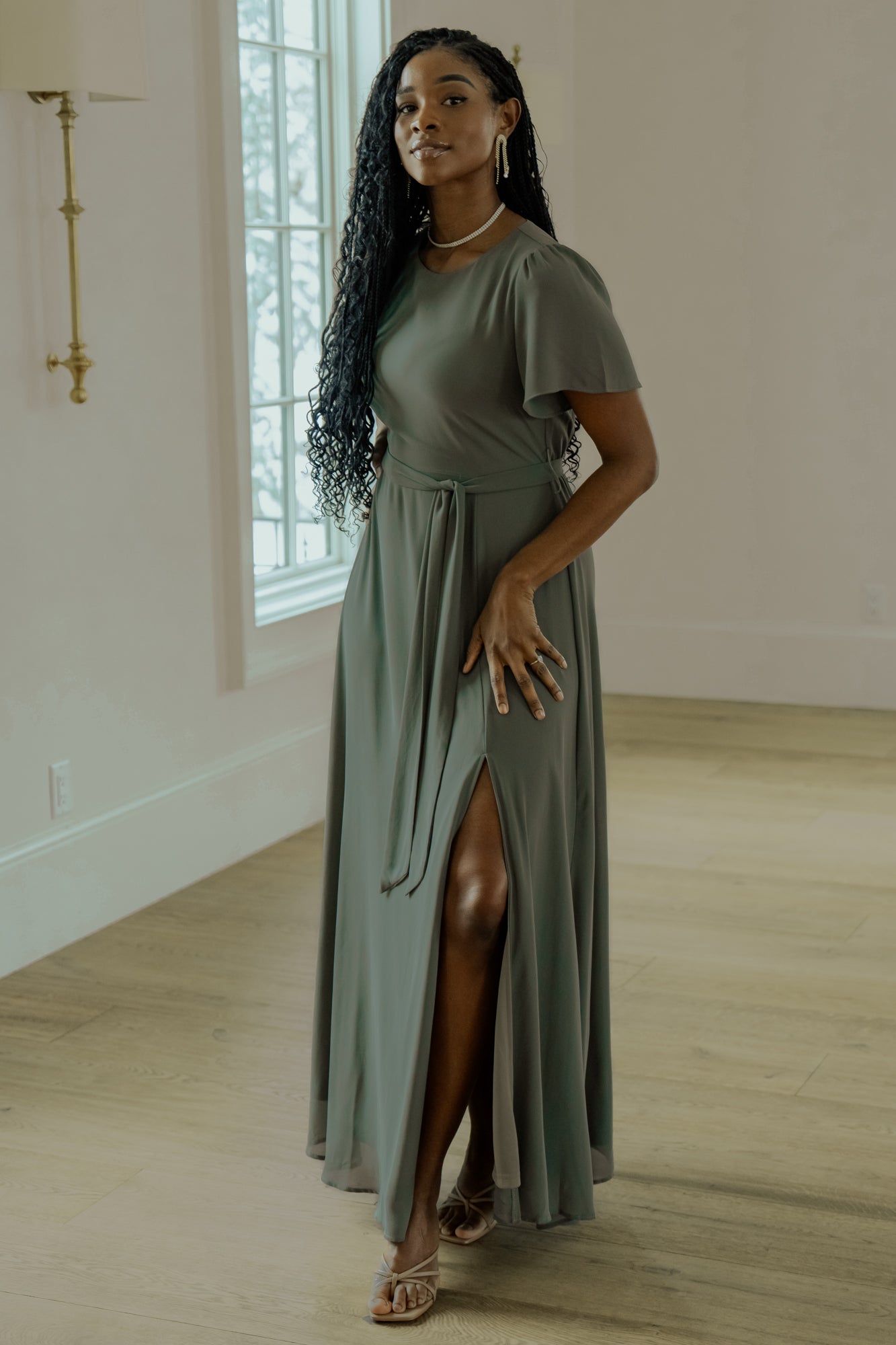 Baltic Born Naomi Dark Sage Chiffon Maxi Dress with Belt Tie