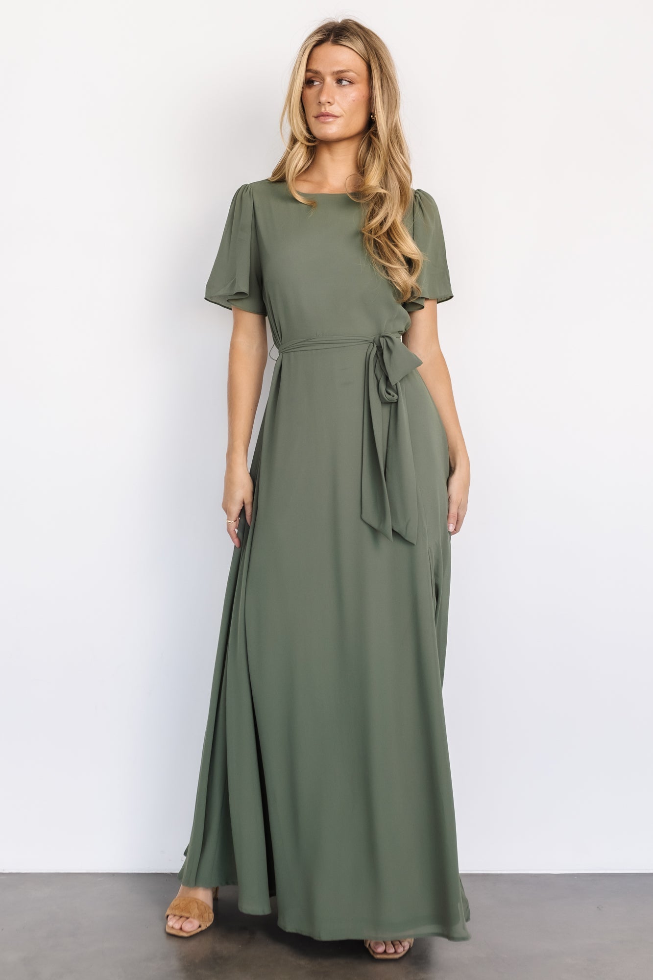 Baltic Born Naomi Dark Sage Chiffon Maxi Dress with Belt Tie