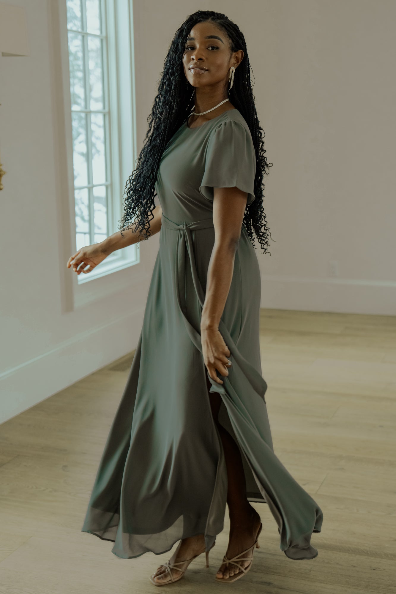 Baltic Born Naomi Dark Sage Chiffon Maxi Dress with Belt Tie