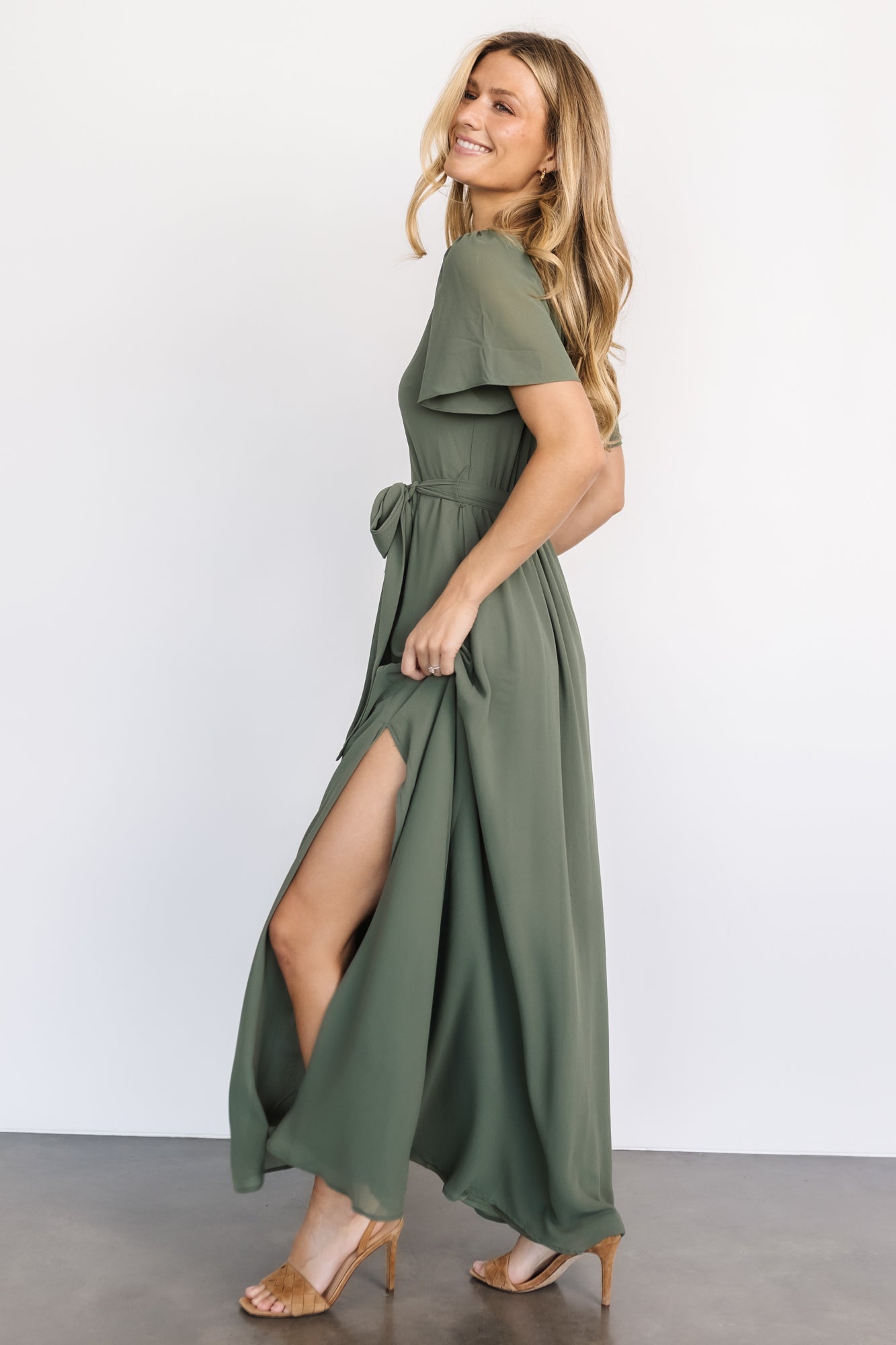 Baltic Born Naomi Dark Sage Chiffon Maxi Dress with Belt Tie