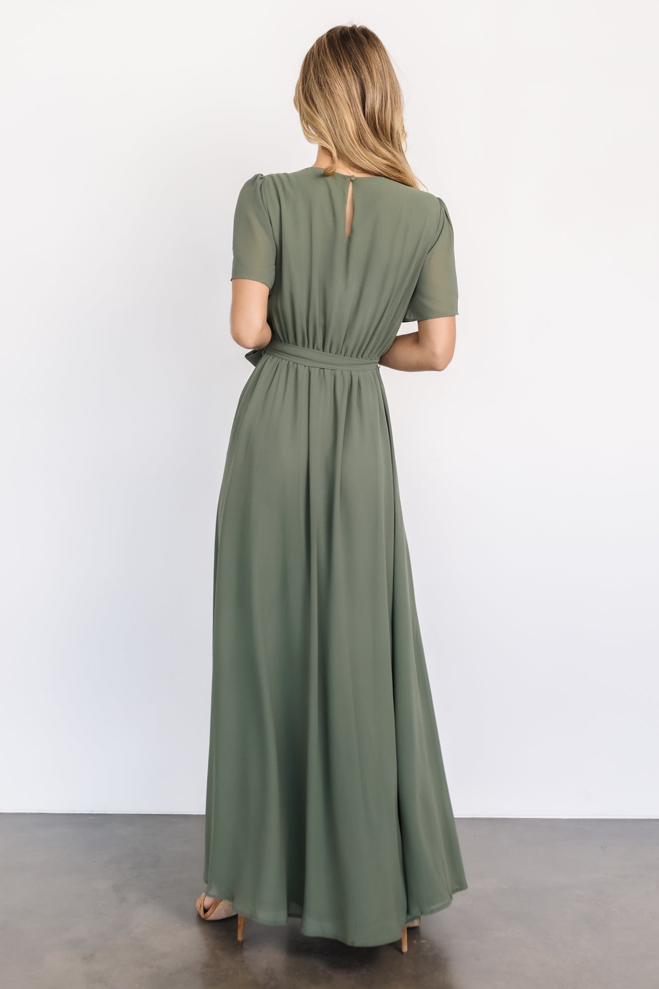 Baltic Born Naomi Dark Sage Chiffon Maxi Dress with Belt Tie