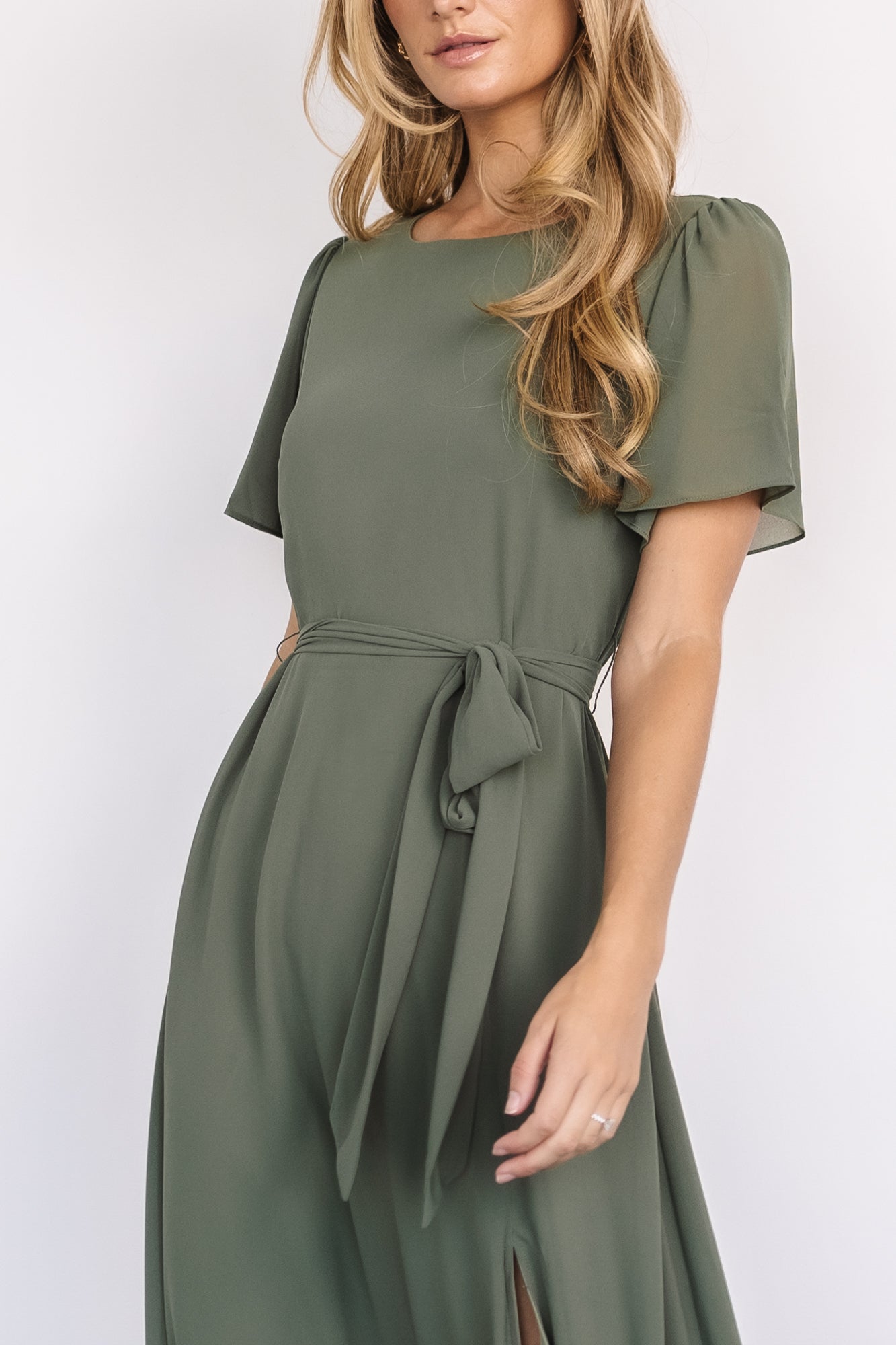 Baltic Born Naomi Dark Sage Chiffon Maxi Dress with Belt Tie