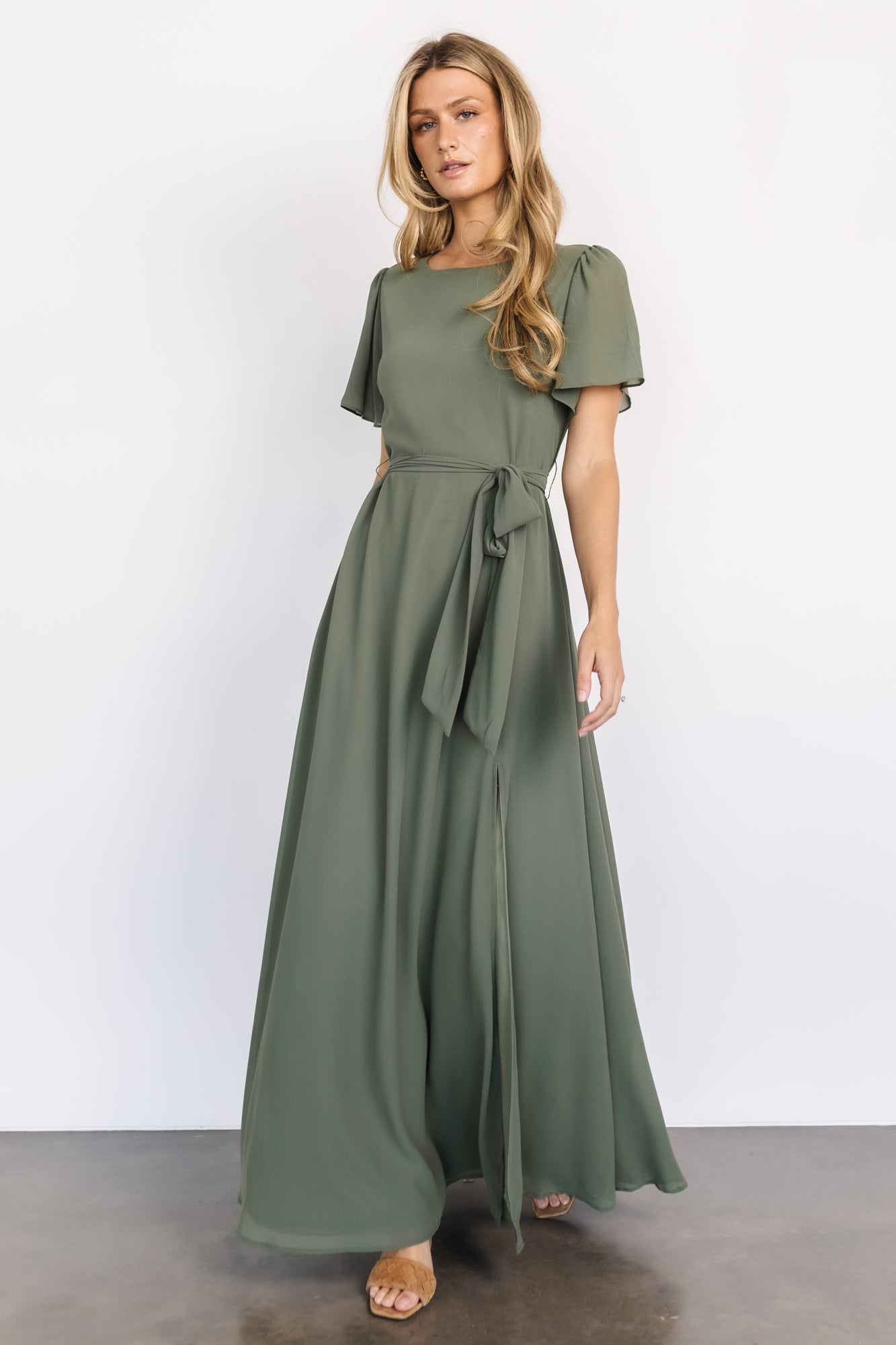 Baltic Born Naomi Dark Sage Chiffon Maxi Dress with Belt Tie