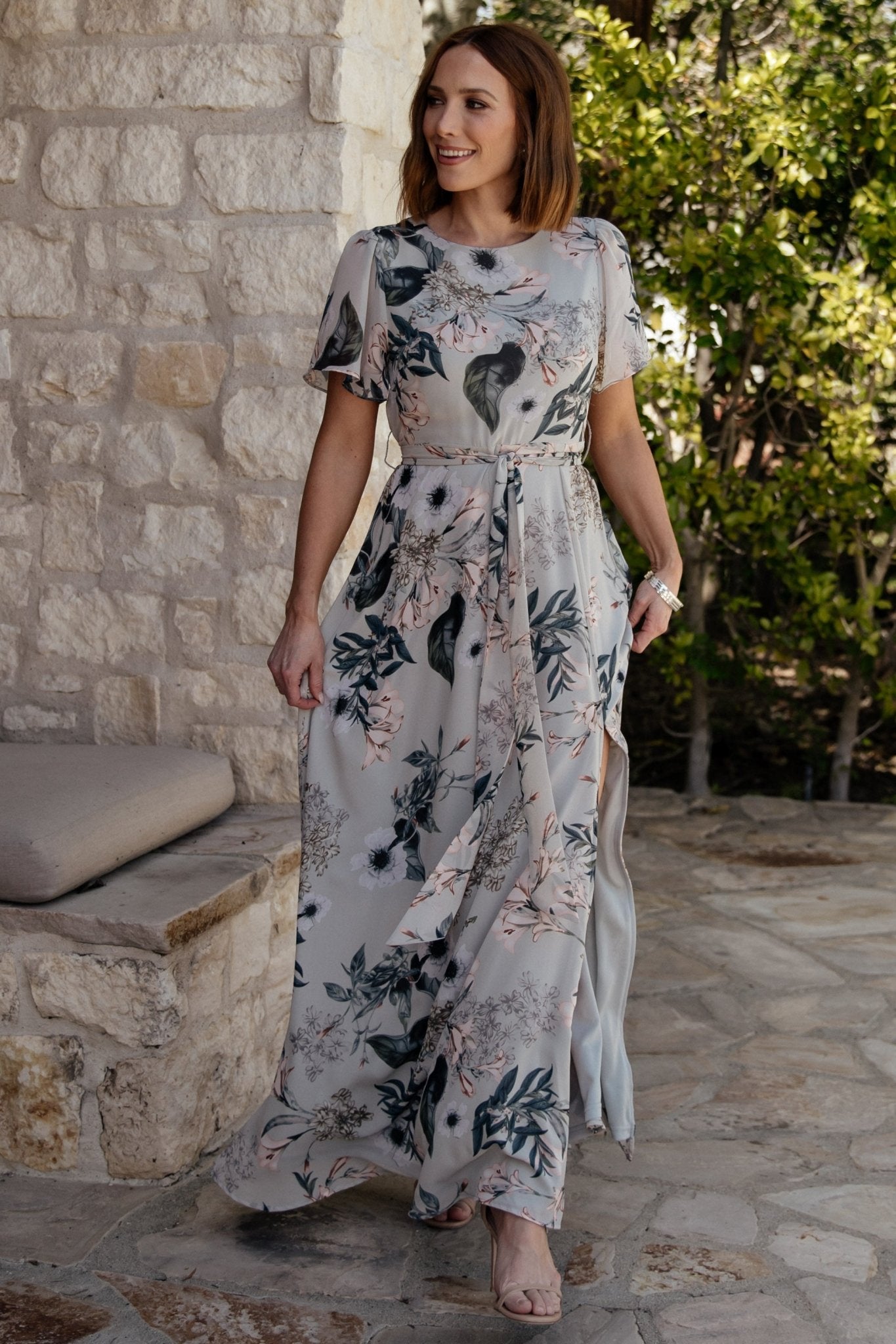 Baltic Born Naomi Floral Maxi Dress with Belt & Slit - Pale Blue