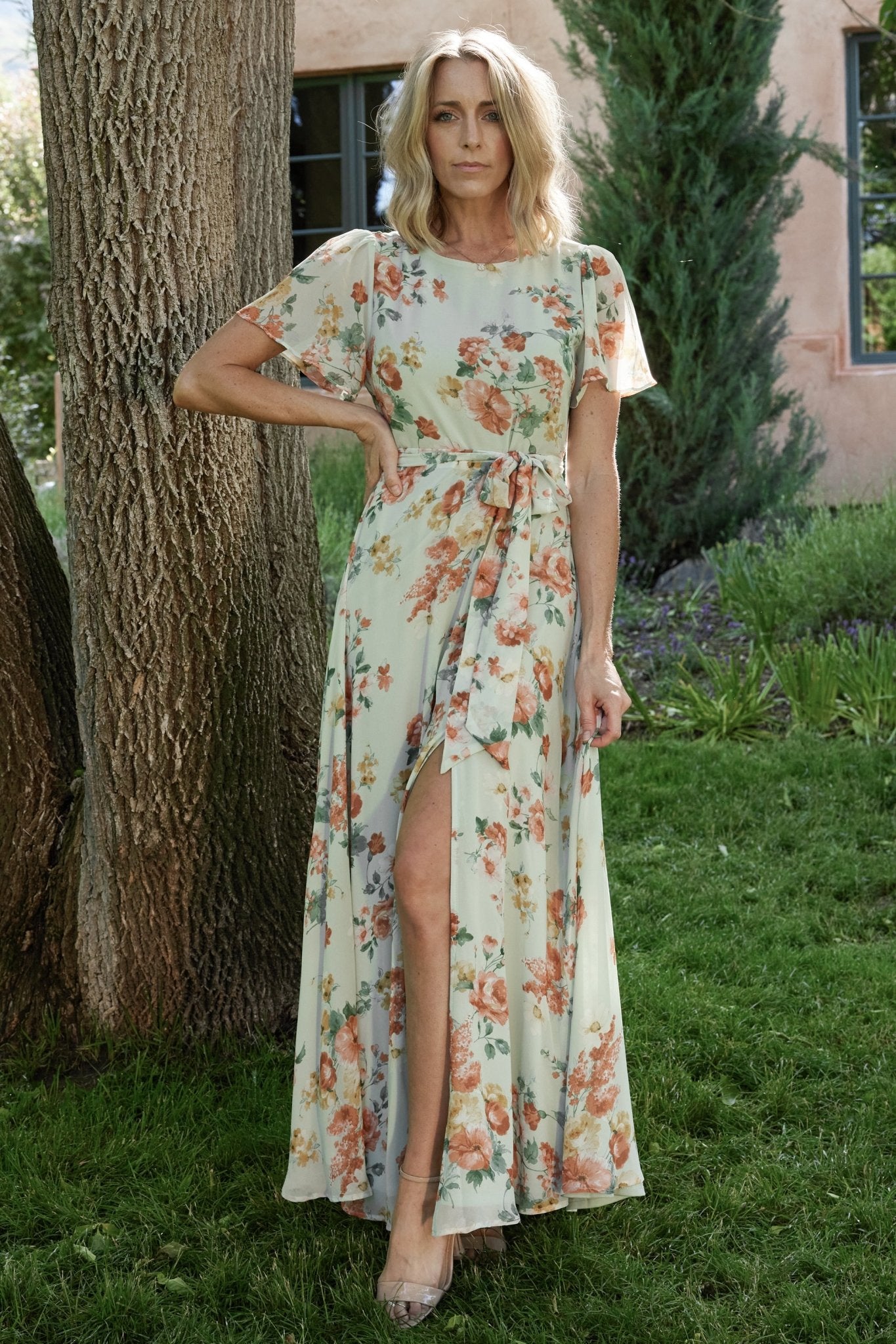 Baltic Born Sage Floral Maxi Dress with Belt Tie & Slit