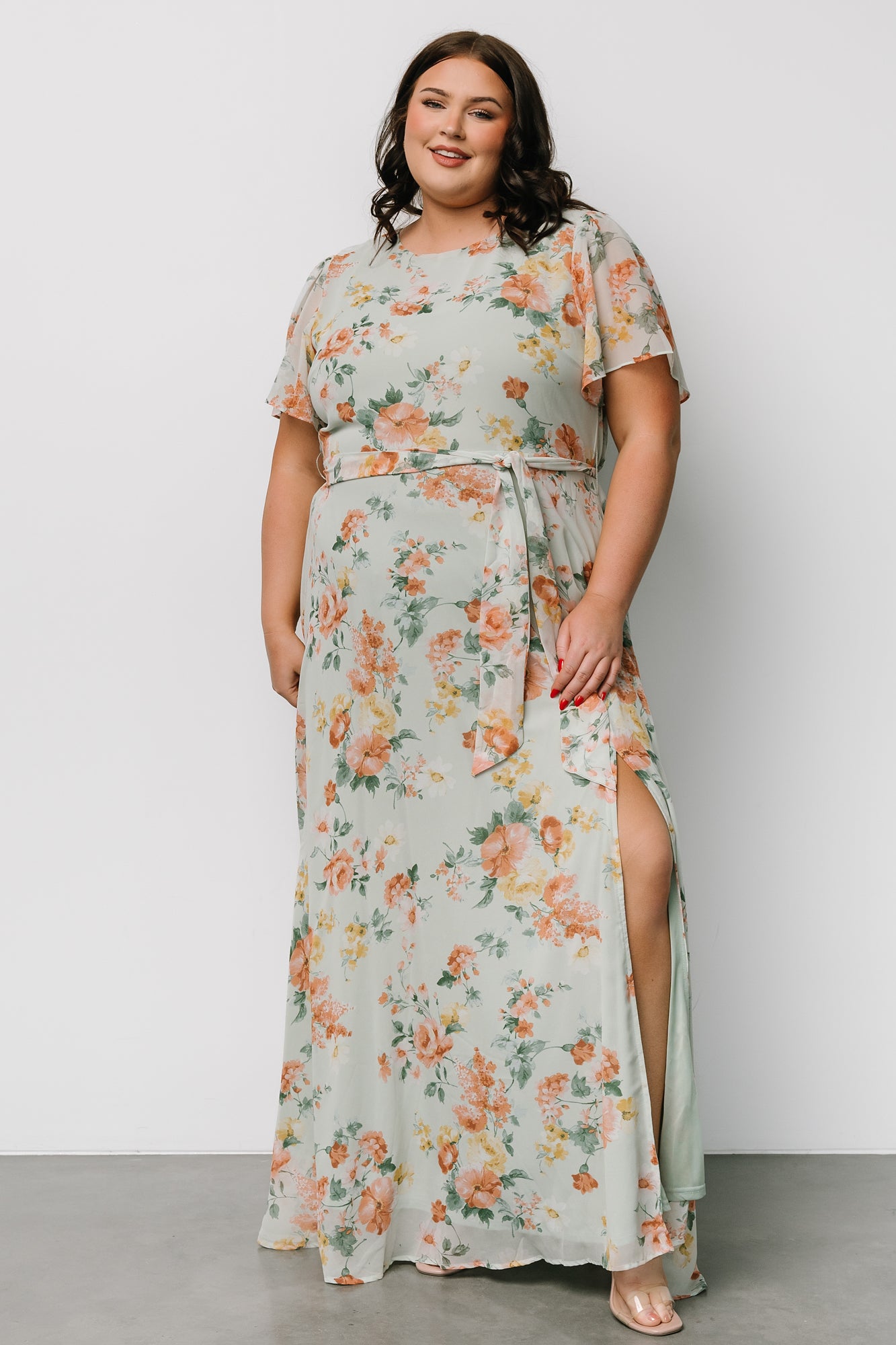 Baltic Born Sage Floral Maxi Dress with Belt Tie & Slit