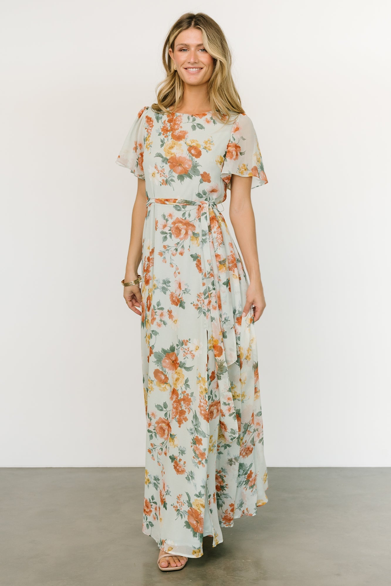 Baltic Born Sage Floral Maxi Dress with Belt Tie & Slit