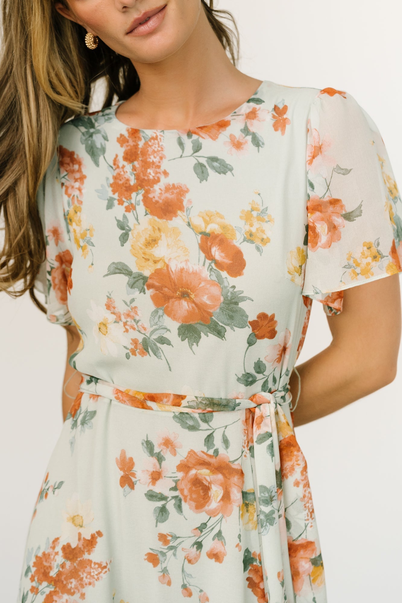 Baltic Born Sage Floral Maxi Dress with Belt Tie & Slit