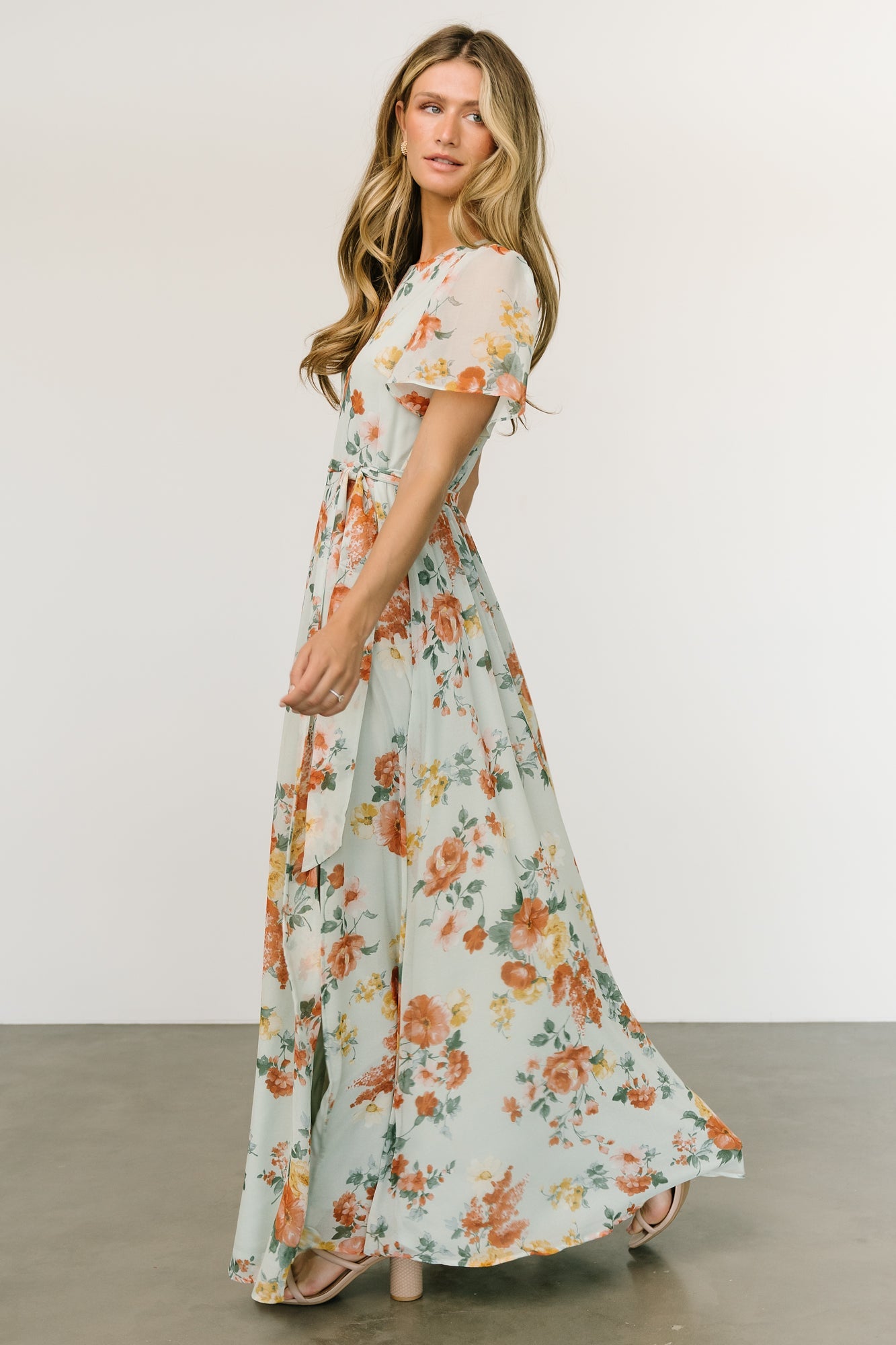 Baltic Born Sage Floral Maxi Dress with Belt Tie & Slit
