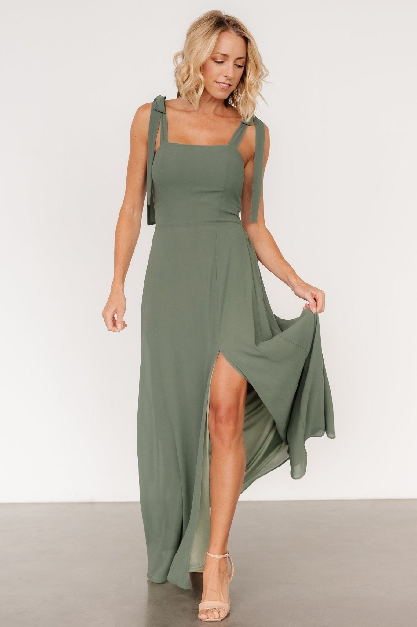 Dark Sage Tie Shoulder Maxi Dress for Weddings & Special Occasions