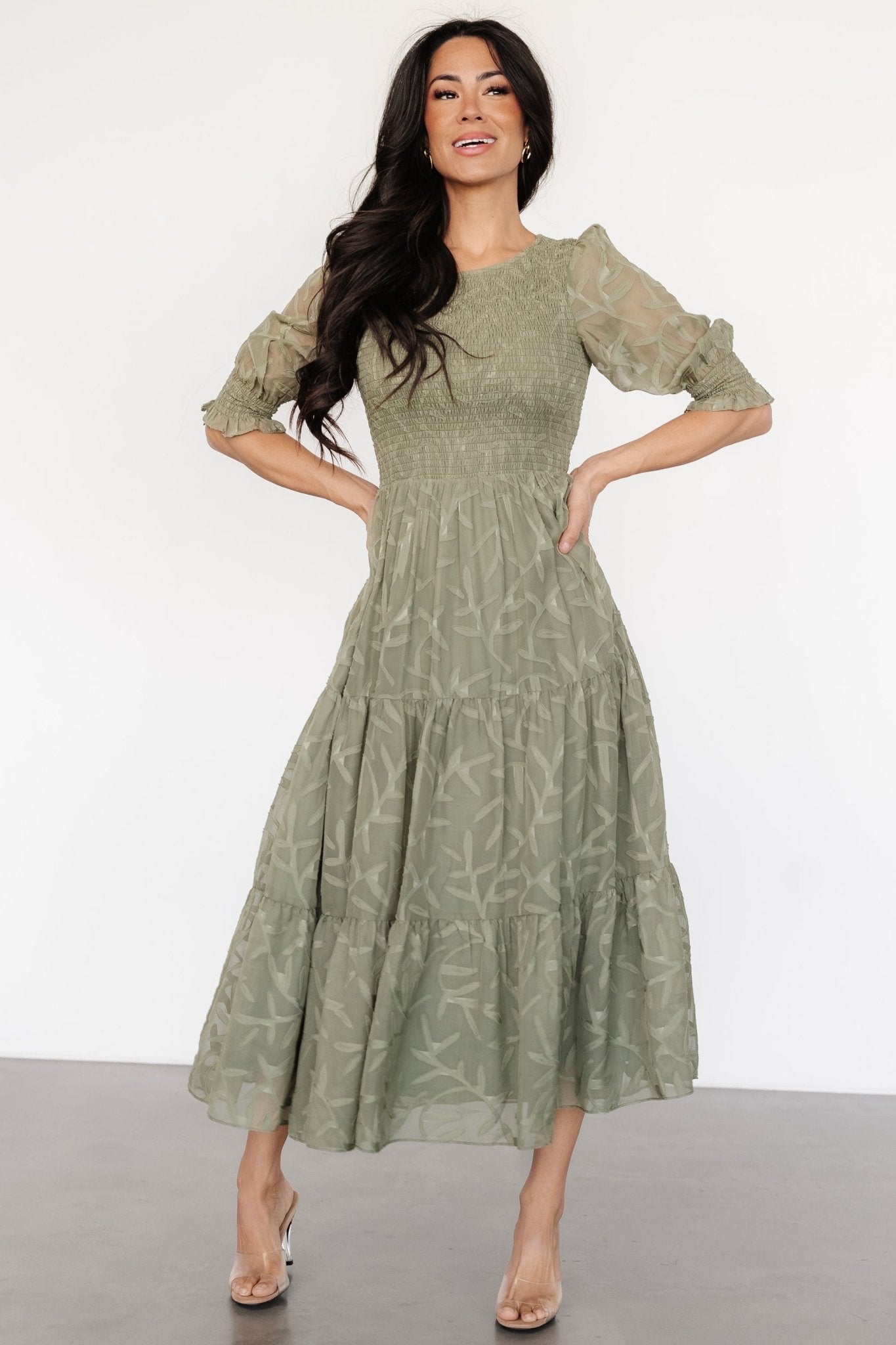 Sage Green Nellie Smocked Midi Dress with Puffed Sleeves