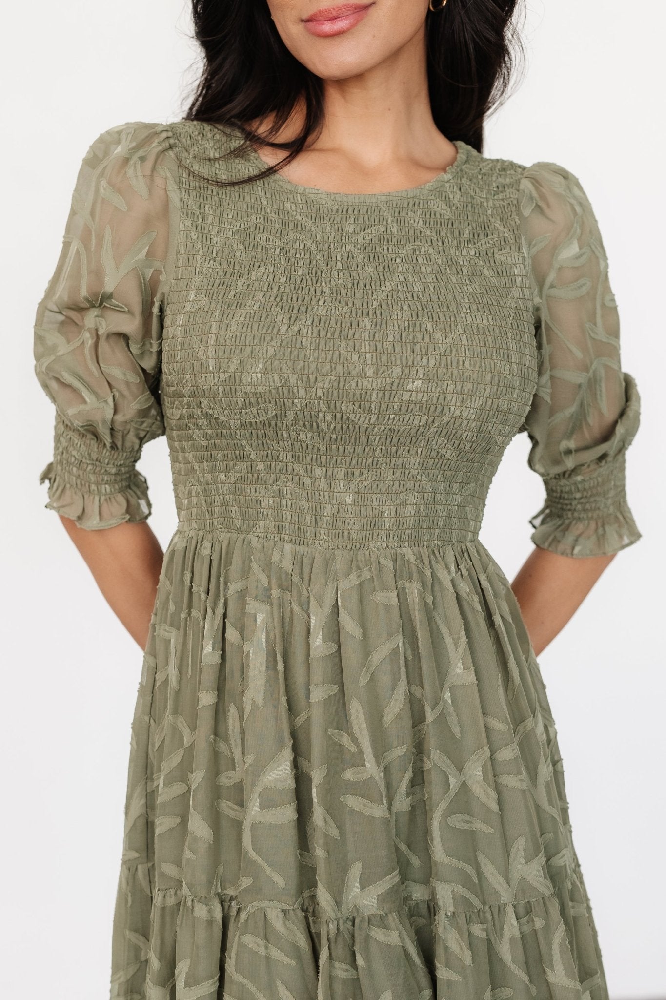 Sage Green Nellie Smocked Midi Dress with Puffed Sleeves