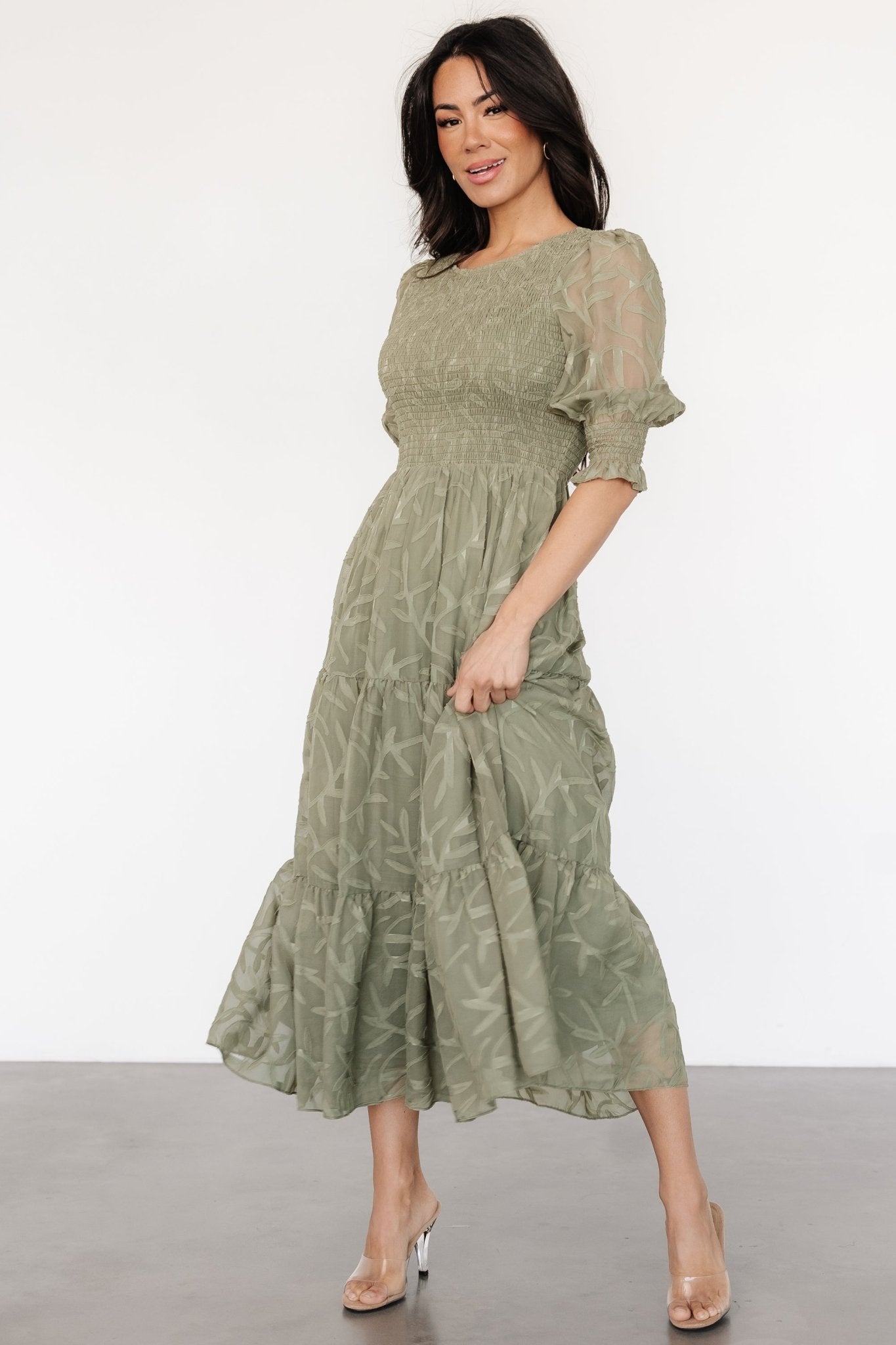Sage Green Nellie Smocked Midi Dress with Puffed Sleeves