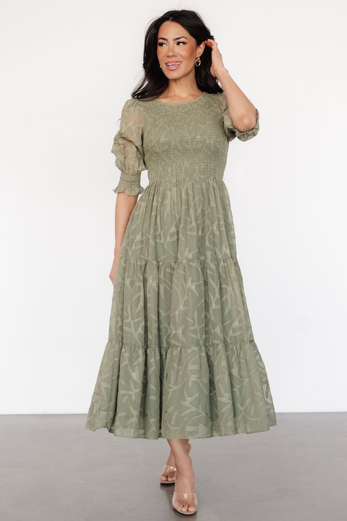 Sage Green Nellie Smocked Midi Dress with Puffed Sleeves