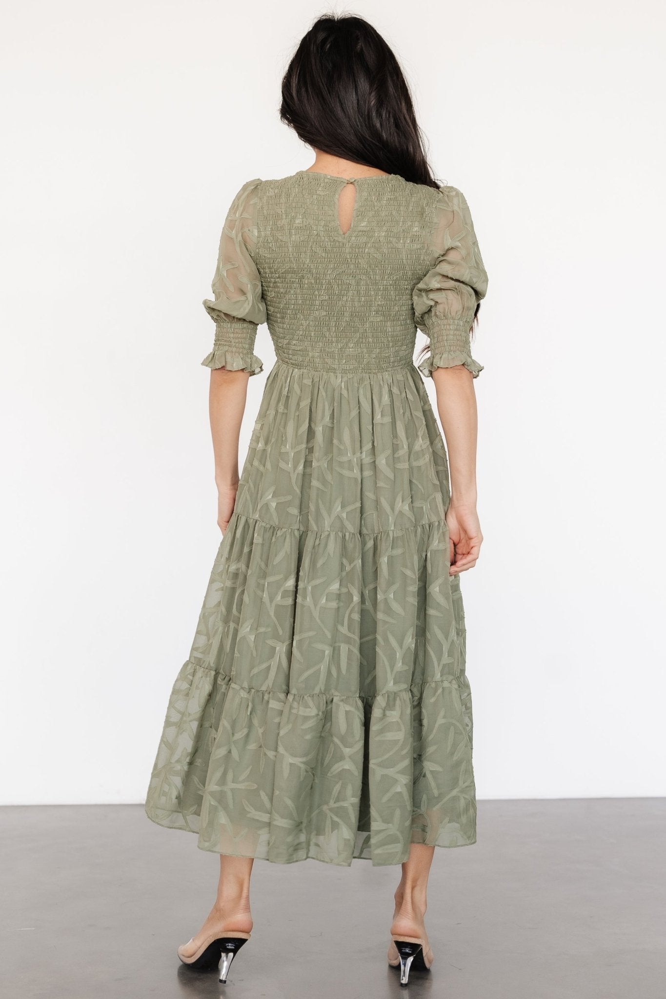 Sage Green Nellie Smocked Midi Dress with Puffed Sleeves