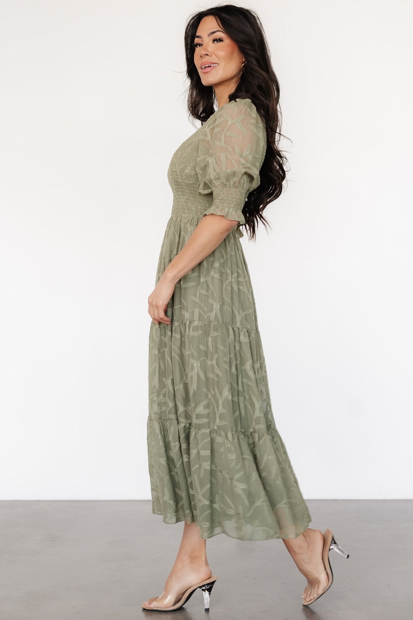 Sage Green Nellie Smocked Midi Dress with Puffed Sleeves