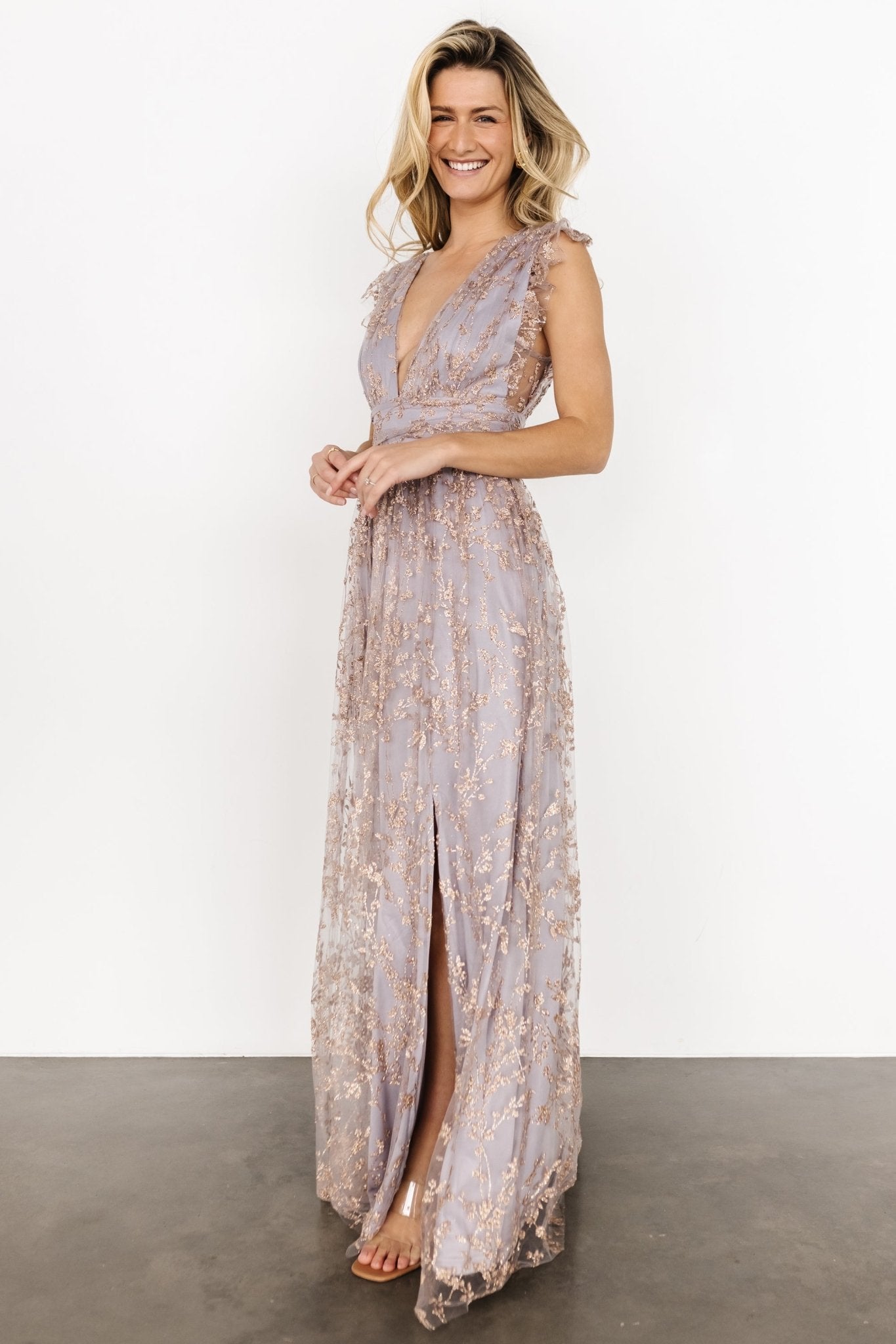 Arlene Shimmer Gown - Dusty Lilac Rose Gold Maxi Dress