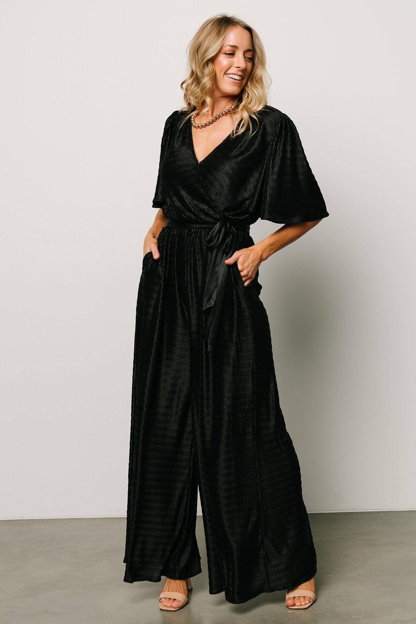 Black Pleated Nolita Jumpsuit with Waist Tie & Pockets | Baltic Born