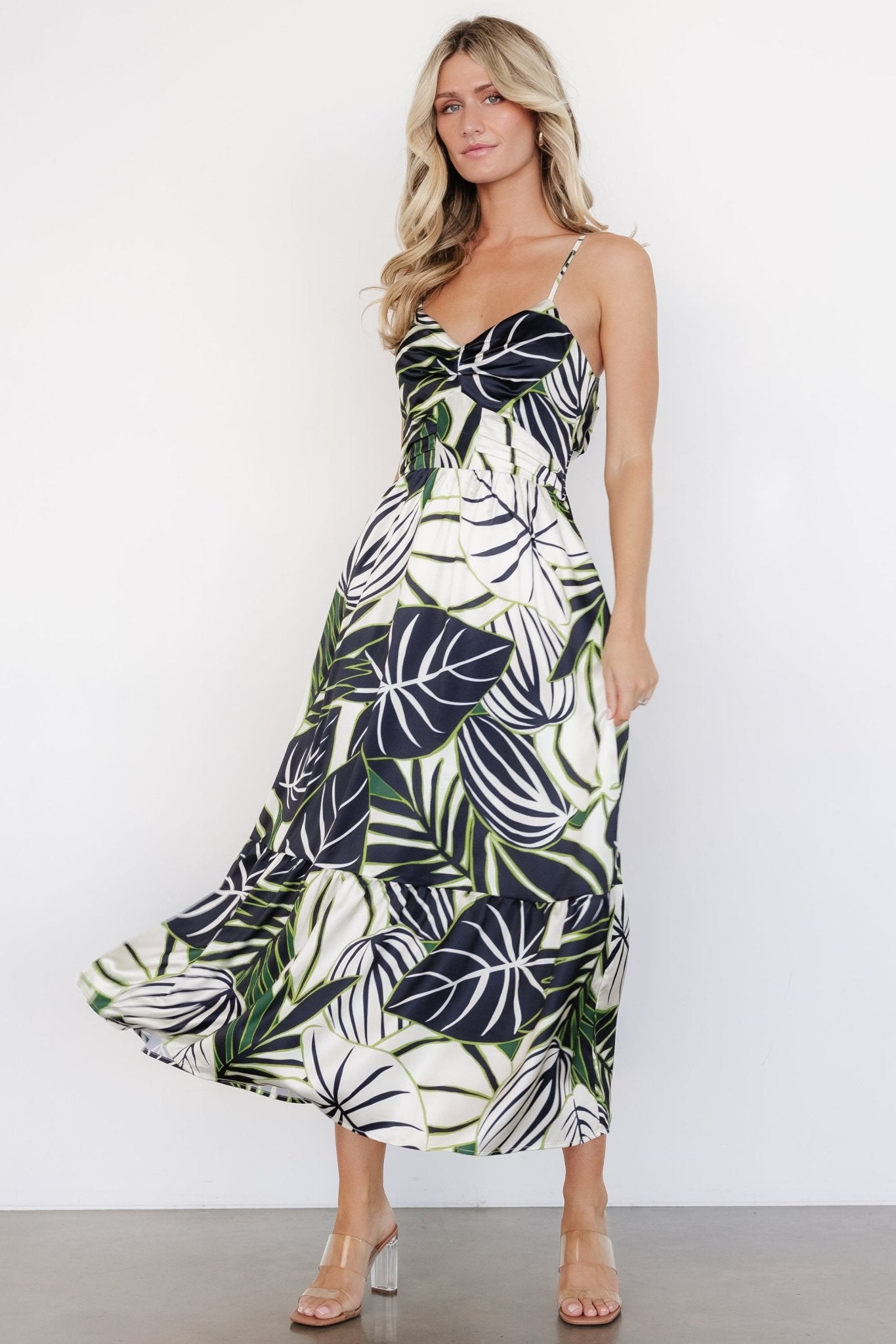 Norita Black & Green Tropical Print Tie Back Tank Dress