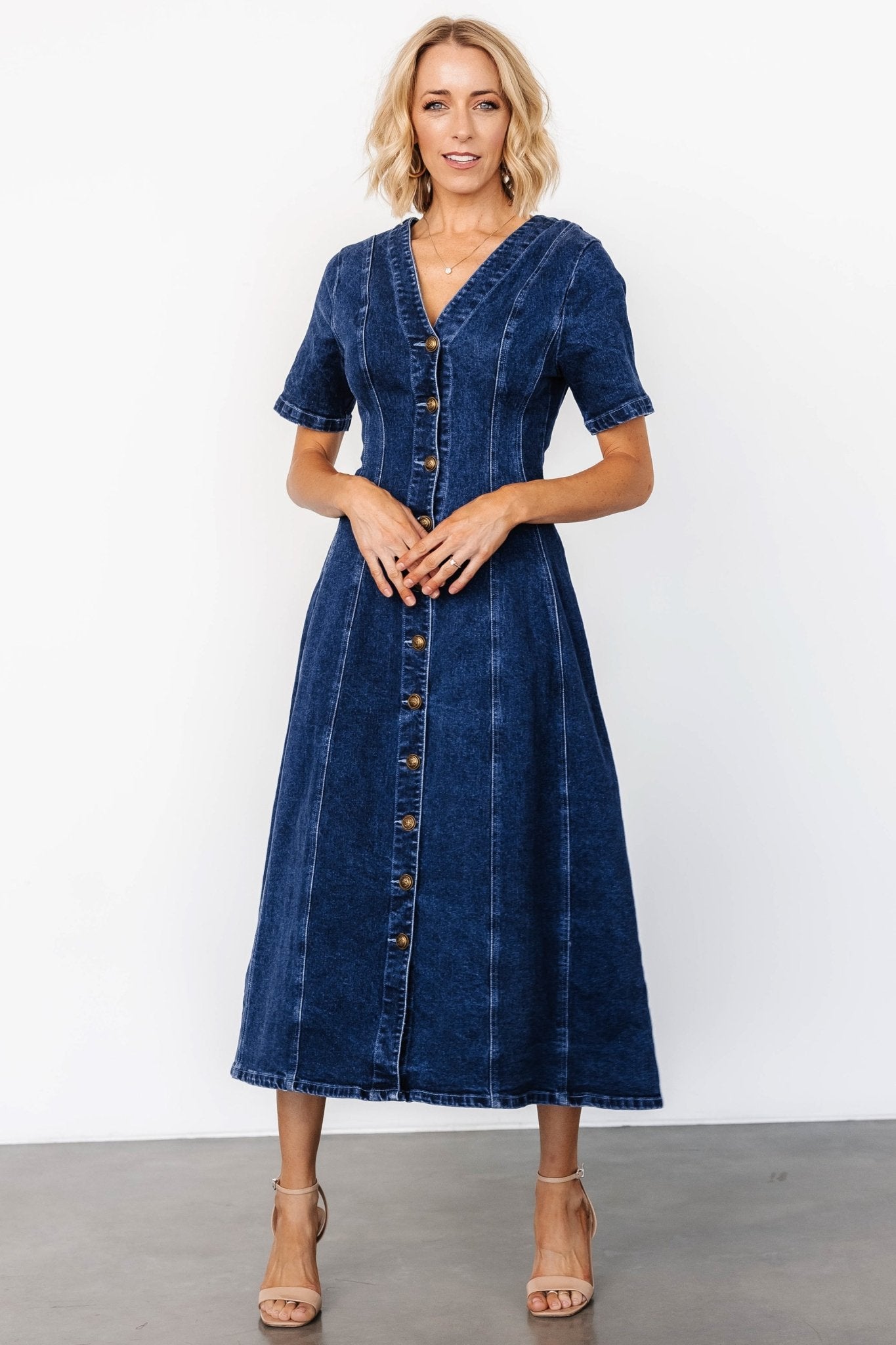 Oakley Blue Denim Button Dress with V-Neck & Gold Buttons