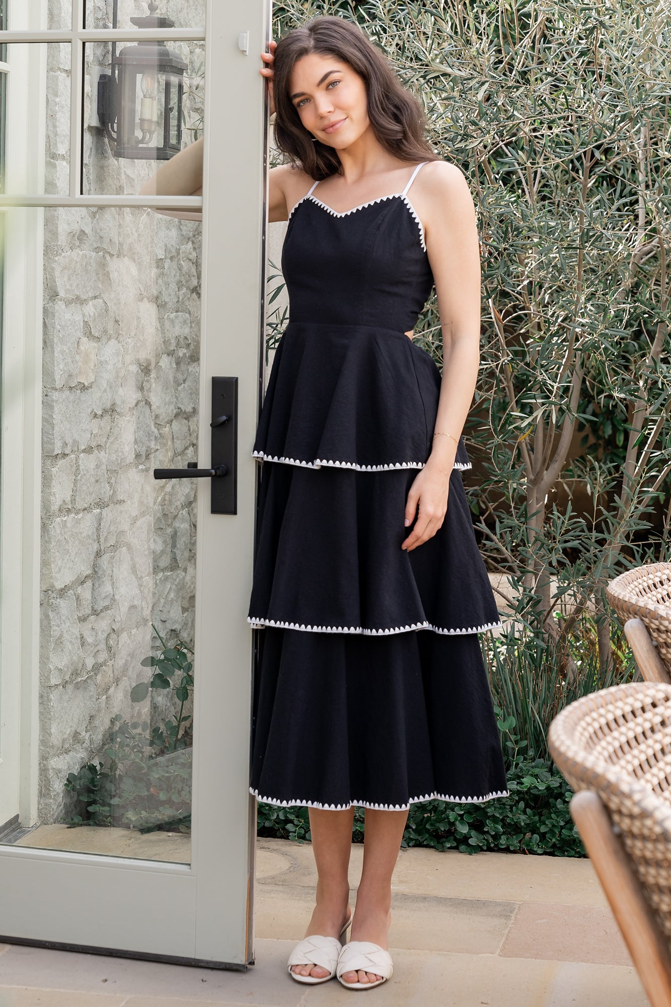 Black & White Odette Tiered Midi Dress with V-Neck & Adjustable Straps