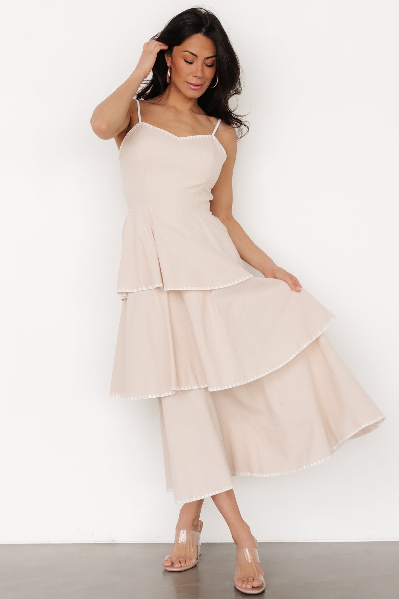 Baltic Born Odette Tiered Linen Dress with V-Neck & Open Back