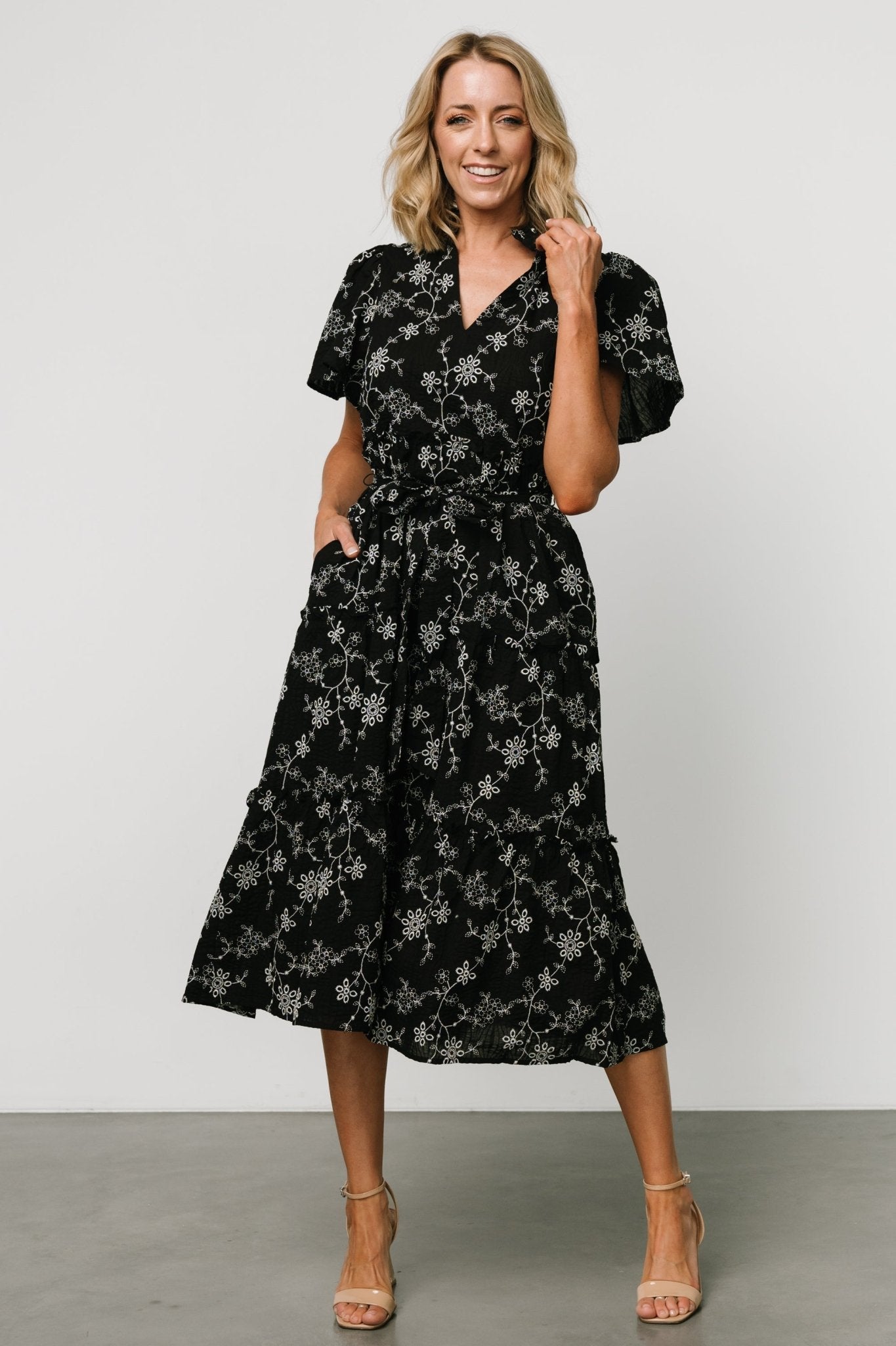 Odeya Floral Tiered Midi Dress - Black & White Cotton V-Neck