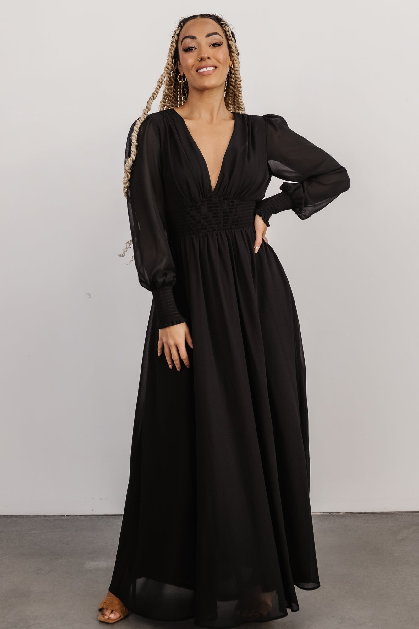 Baltic Born Olivia Black Maxi Dress with V-Neck & Smocked Waist