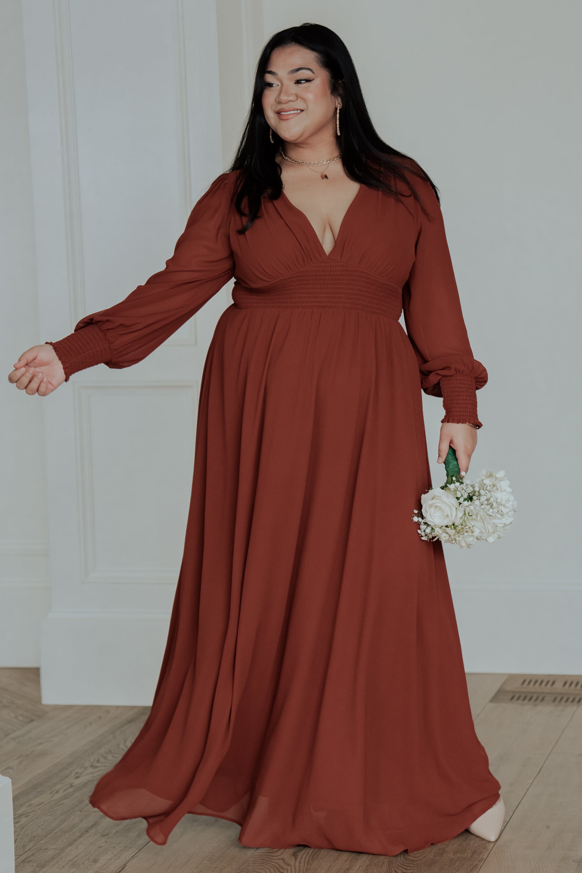 Baltic Born Olivia Cinnamon Chiffon Maxi Dress with Smocked Waist