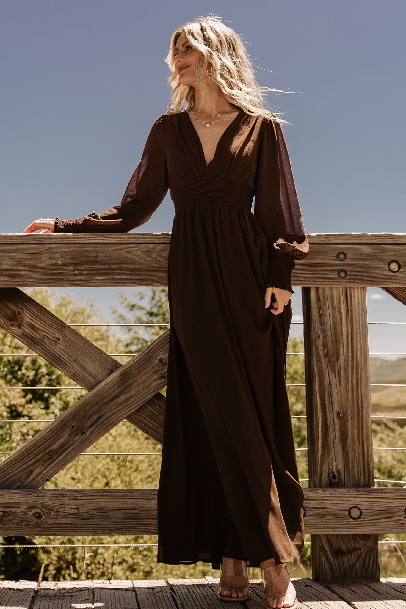 Baltic Born Olivia Maxi Dress - Dark Brown Chiffon V-Neck