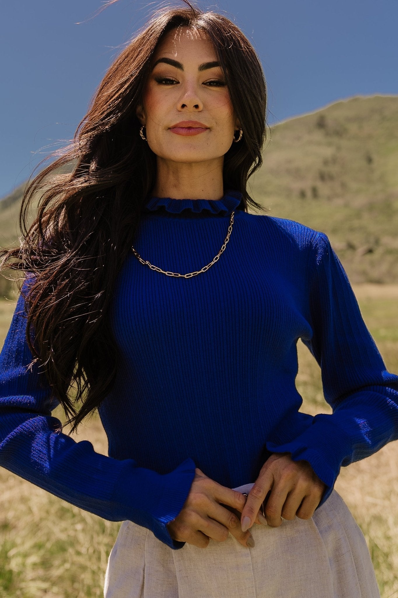 Cobalt Blue Ribbed Turtleneck Sweater with Ruffles | Olympia