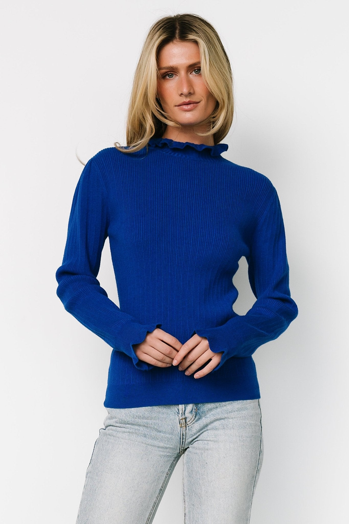 Cobalt Blue Ribbed Turtleneck Sweater with Ruffles | Olympia