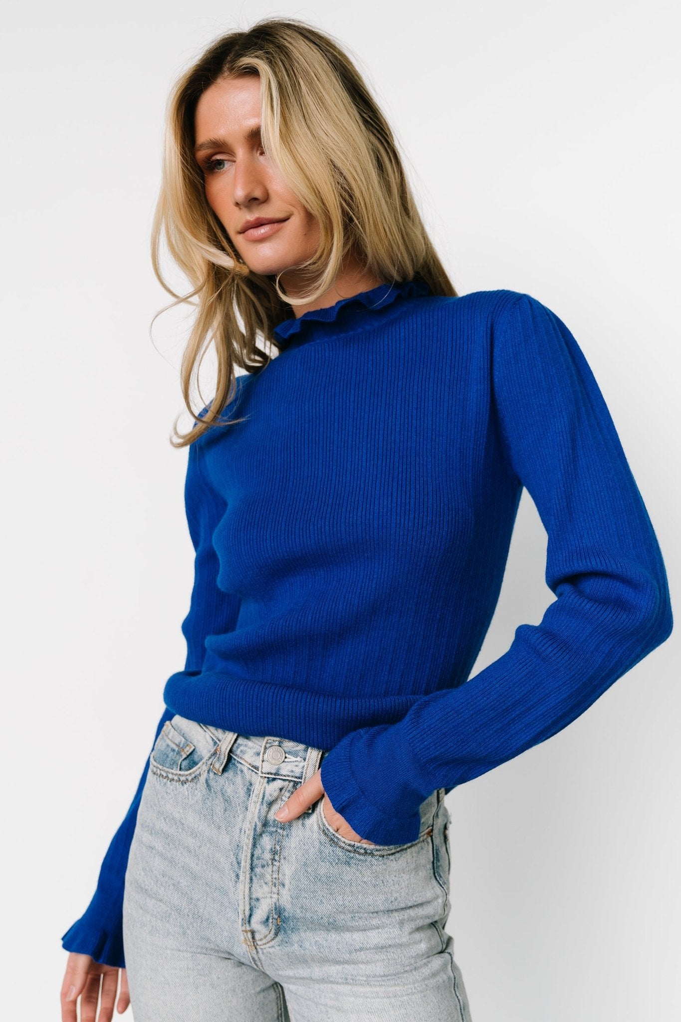 Cobalt Blue Ribbed Turtleneck Sweater with Ruffles | Olympia