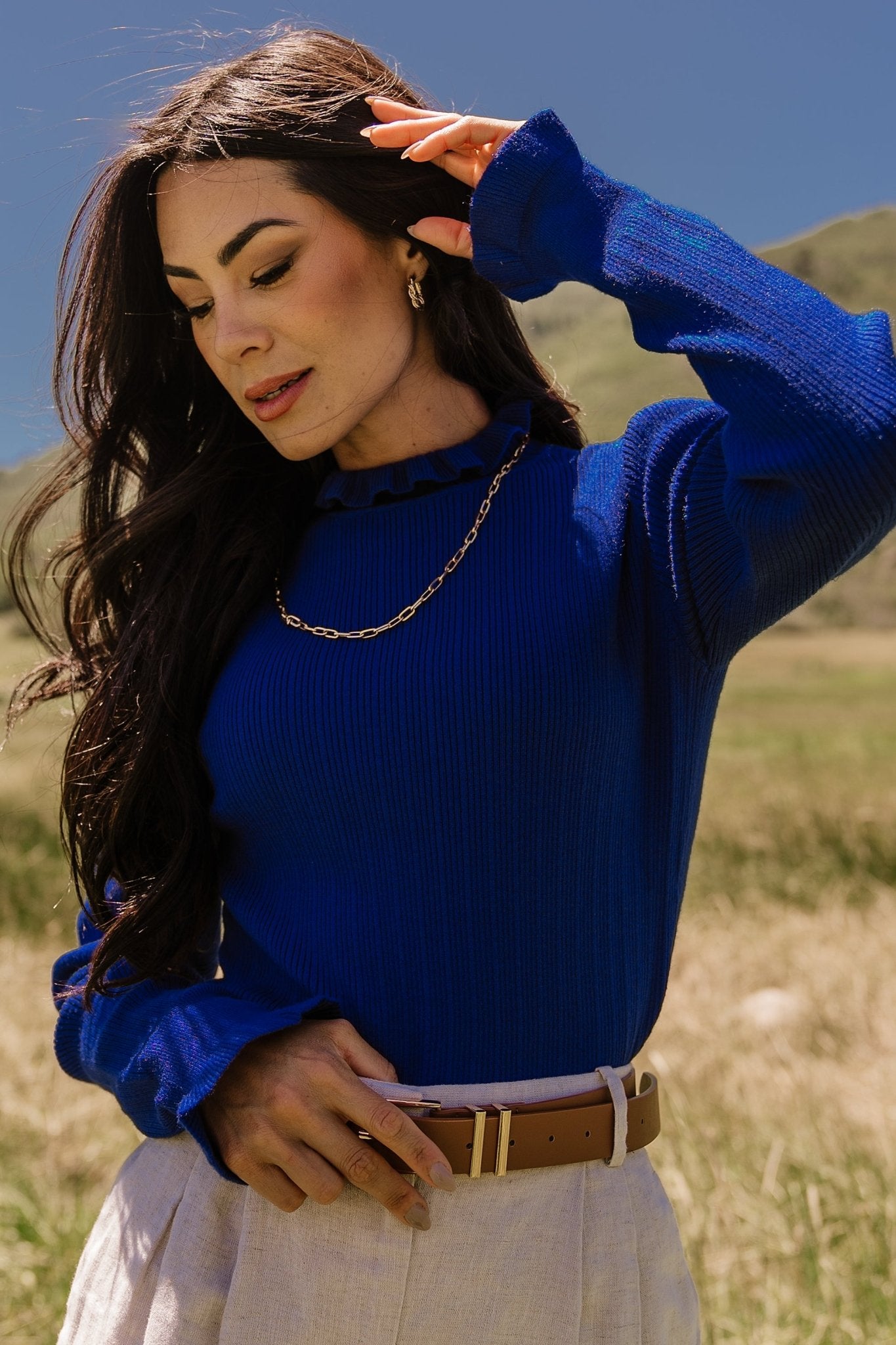 Cobalt Blue Ribbed Turtleneck Sweater with Ruffles | Olympia