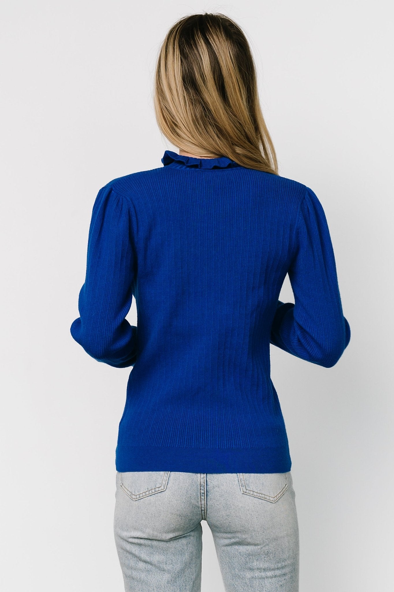 Cobalt Blue Ribbed Turtleneck Sweater with Ruffles | Olympia